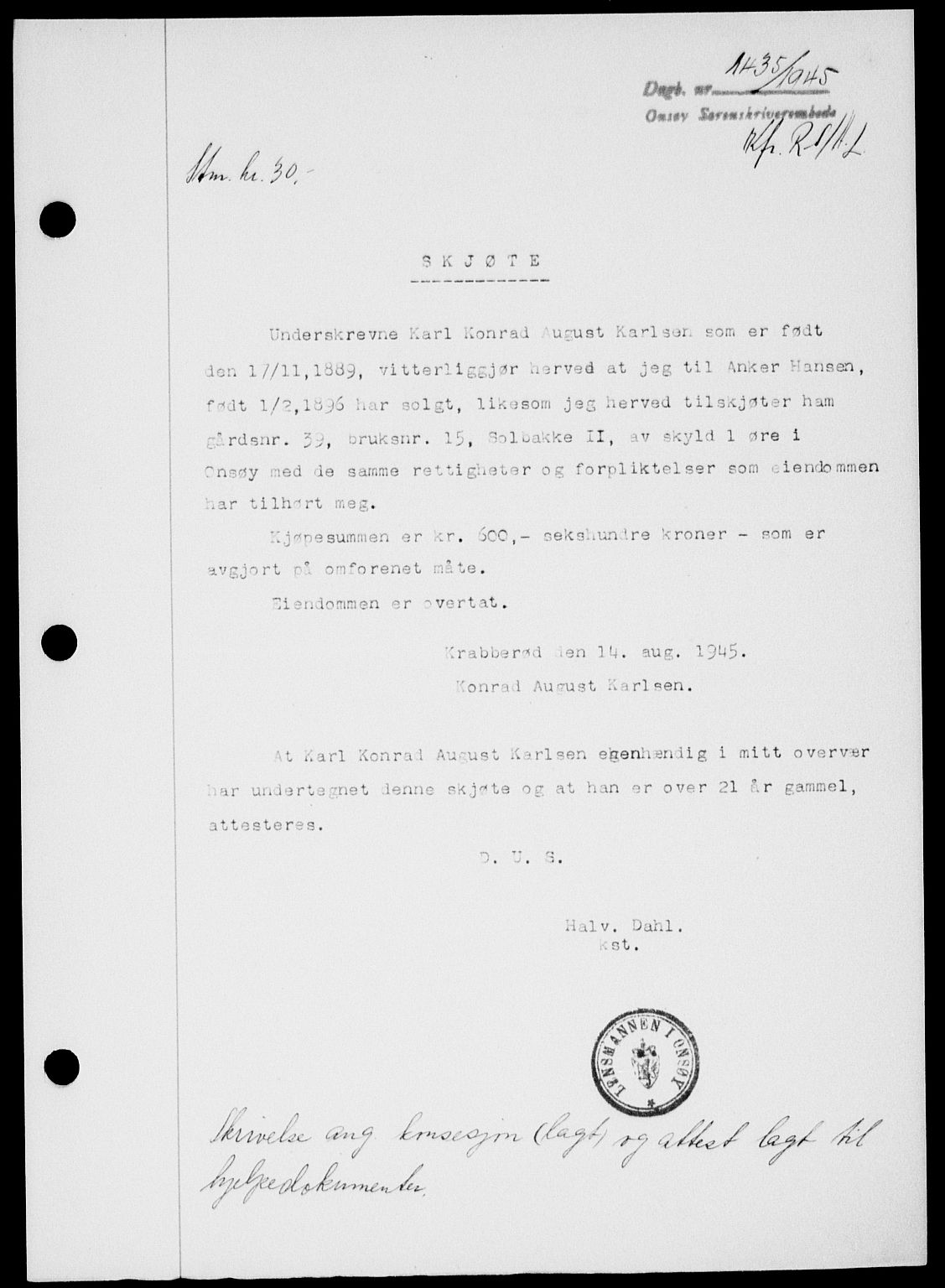 Onsøy sorenskriveri, SAO/A-10474/G/Ga/Gab/L0015: Mortgage book no. II A-15, 1945-1946, Diary no: : 1435/1945