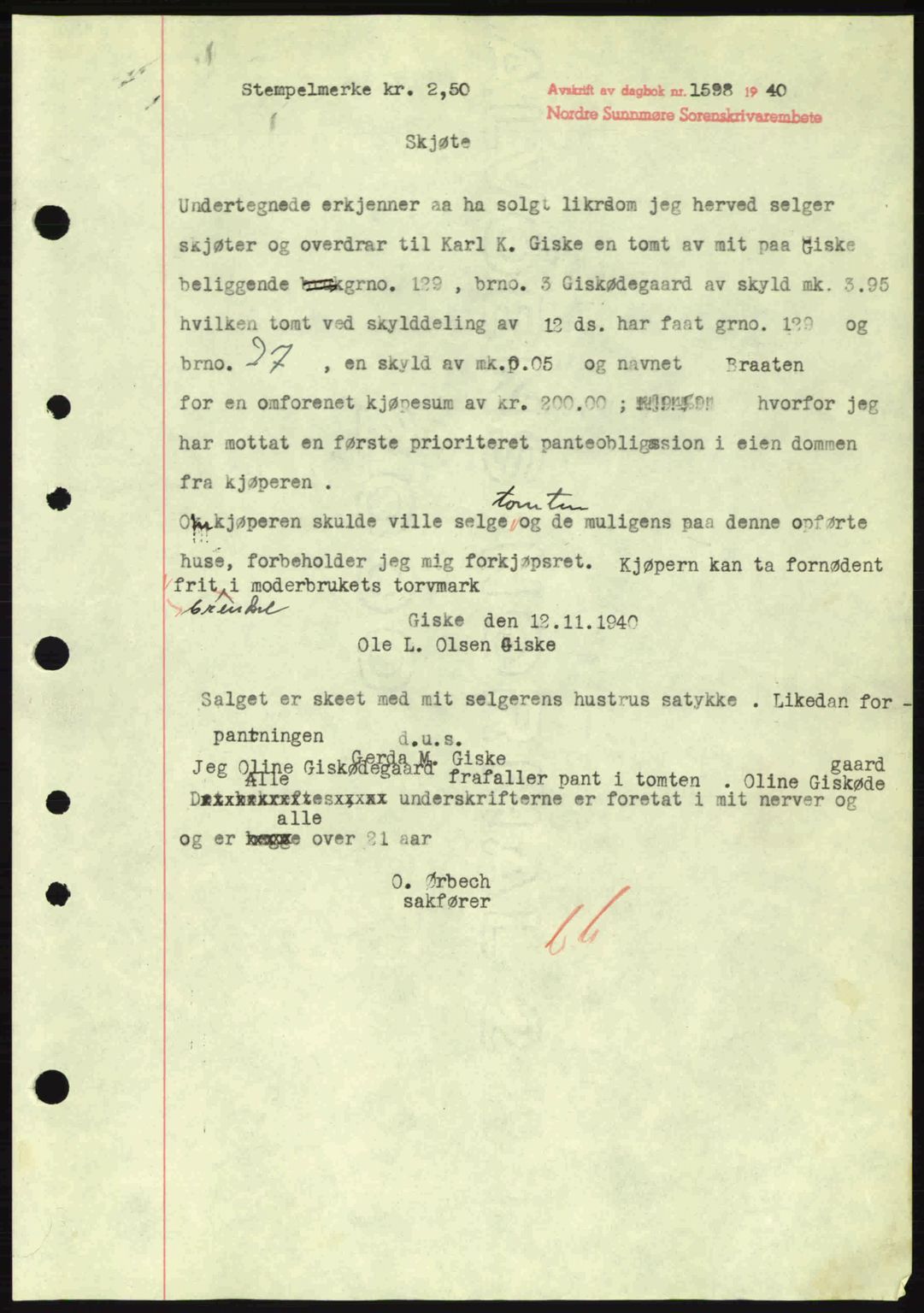 Nordre Sunnmøre sorenskriveri, AV/SAT-A-0006/1/2/2C/2Ca: Mortgage book no. A10, 1940-1941, Diary no: : 1598/1940