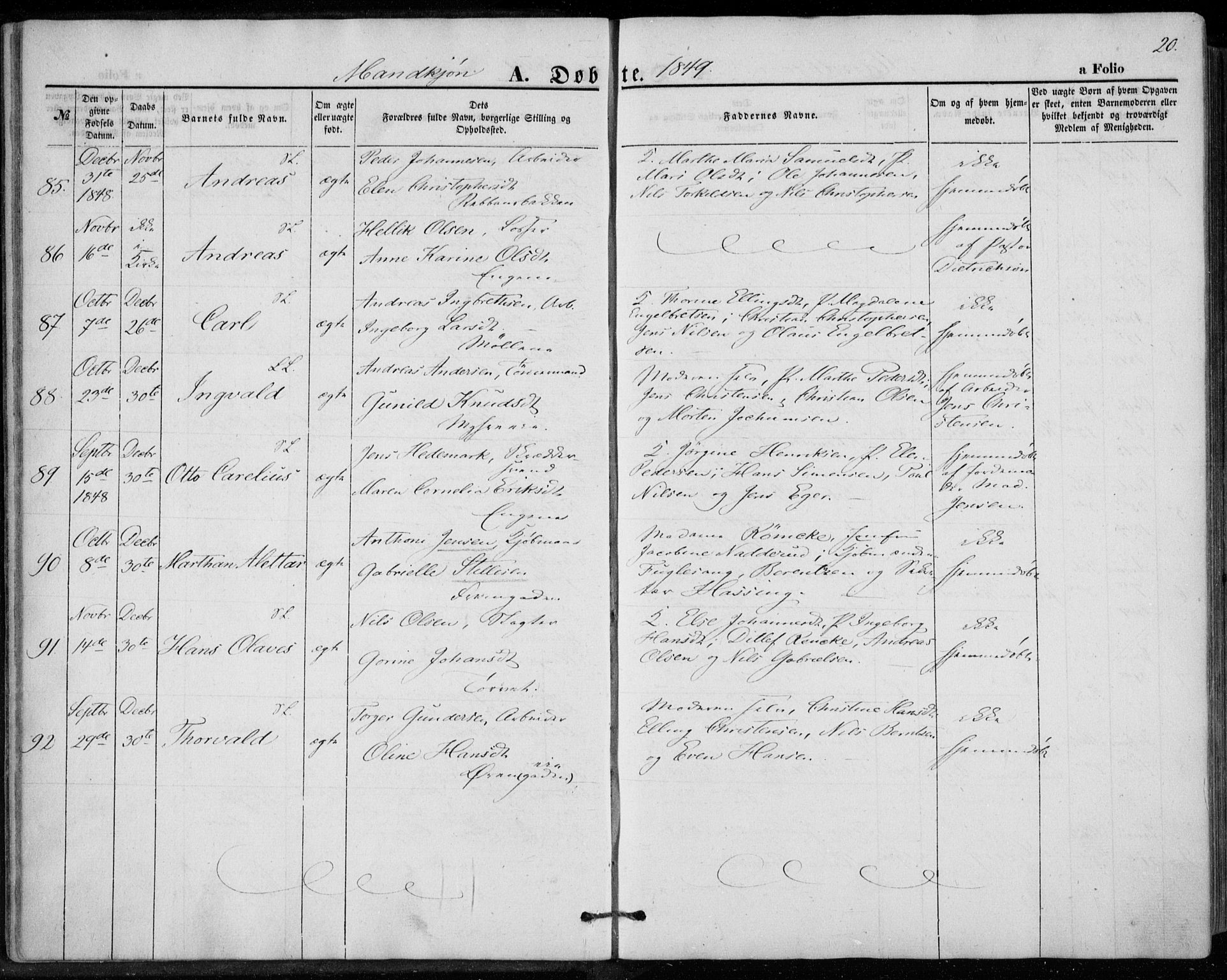 Bragernes kirkebøker, SAKO/A-6/F/Fb/L0002: Parish register (official) no. II 2, 1848-1859, p. 20