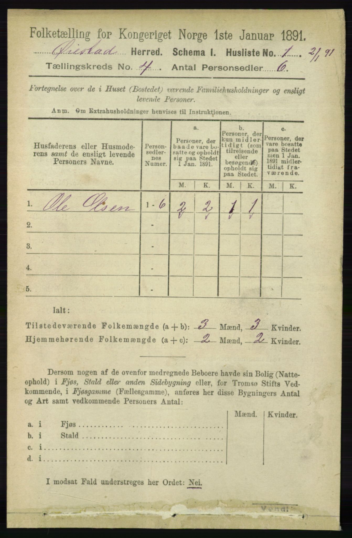 RA, 1891 census for 0920 Øyestad, 1891, p. 1321