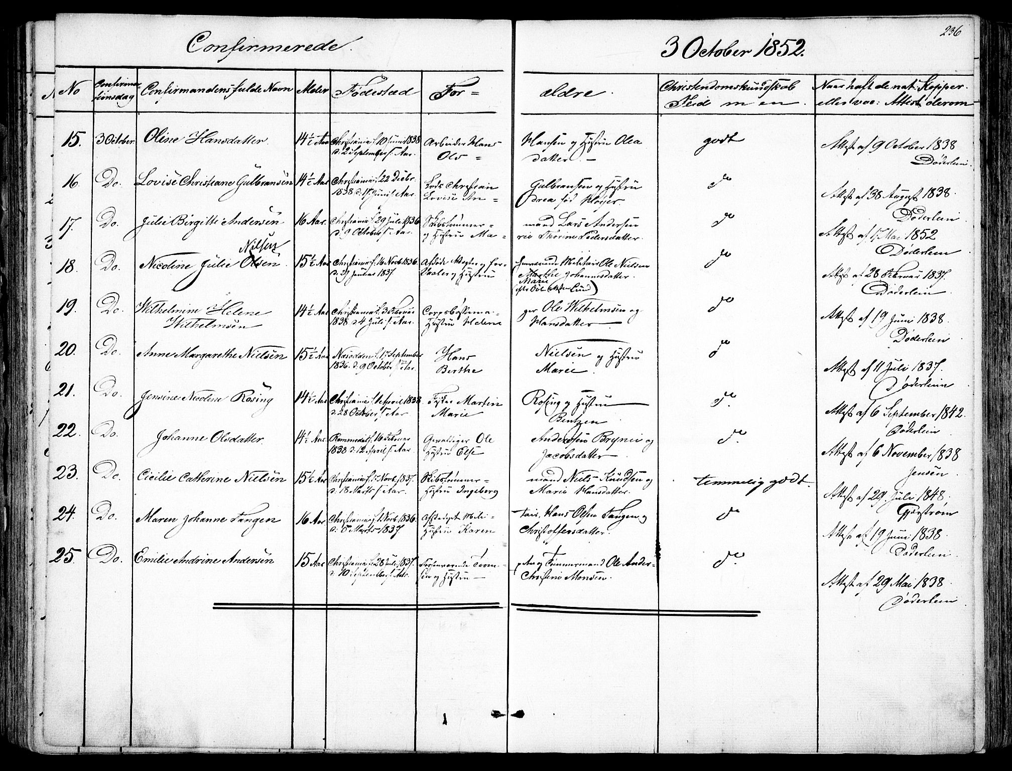 Garnisonsmenigheten Kirkebøker, AV/SAO-A-10846/F/Fa/L0008: Parish register (official) no. 8, 1842-1859, p. 236