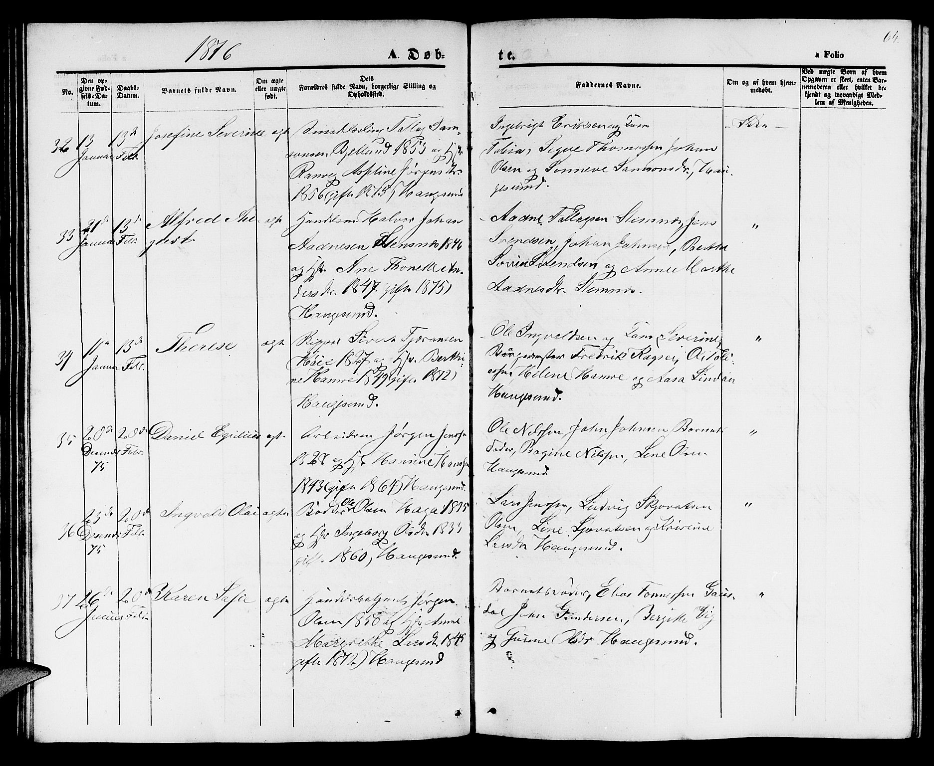 Haugesund sokneprestkontor, AV/SAST-A -101863/H/Ha/Hab/L0001: Parish register (copy) no. B 1, 1873-1881, p. 64