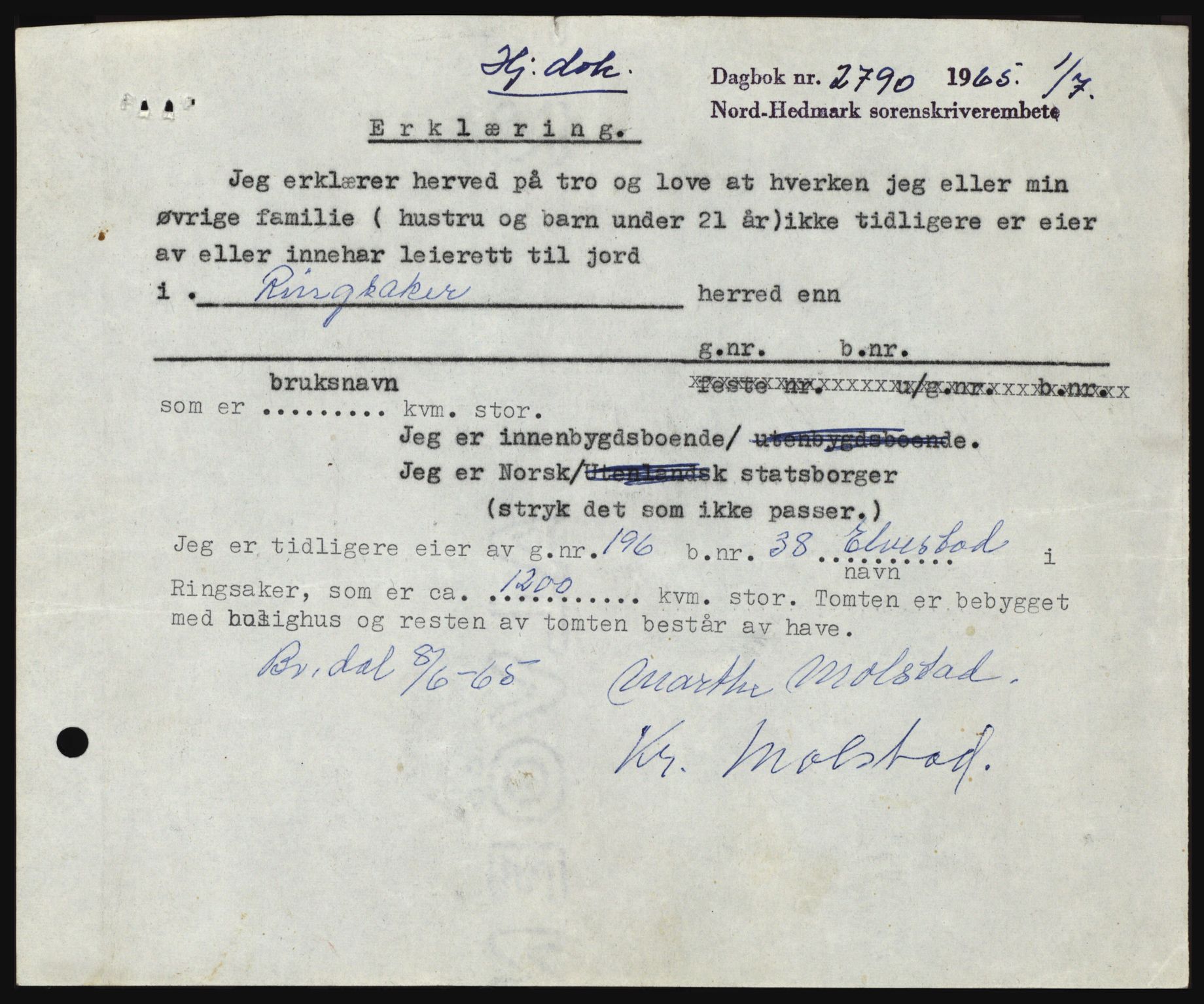 Nord-Hedmark sorenskriveri, SAH/TING-012/H/Hc/L0022: Mortgage book no. 22, 1965-1965, Diary no: : 2790/1965