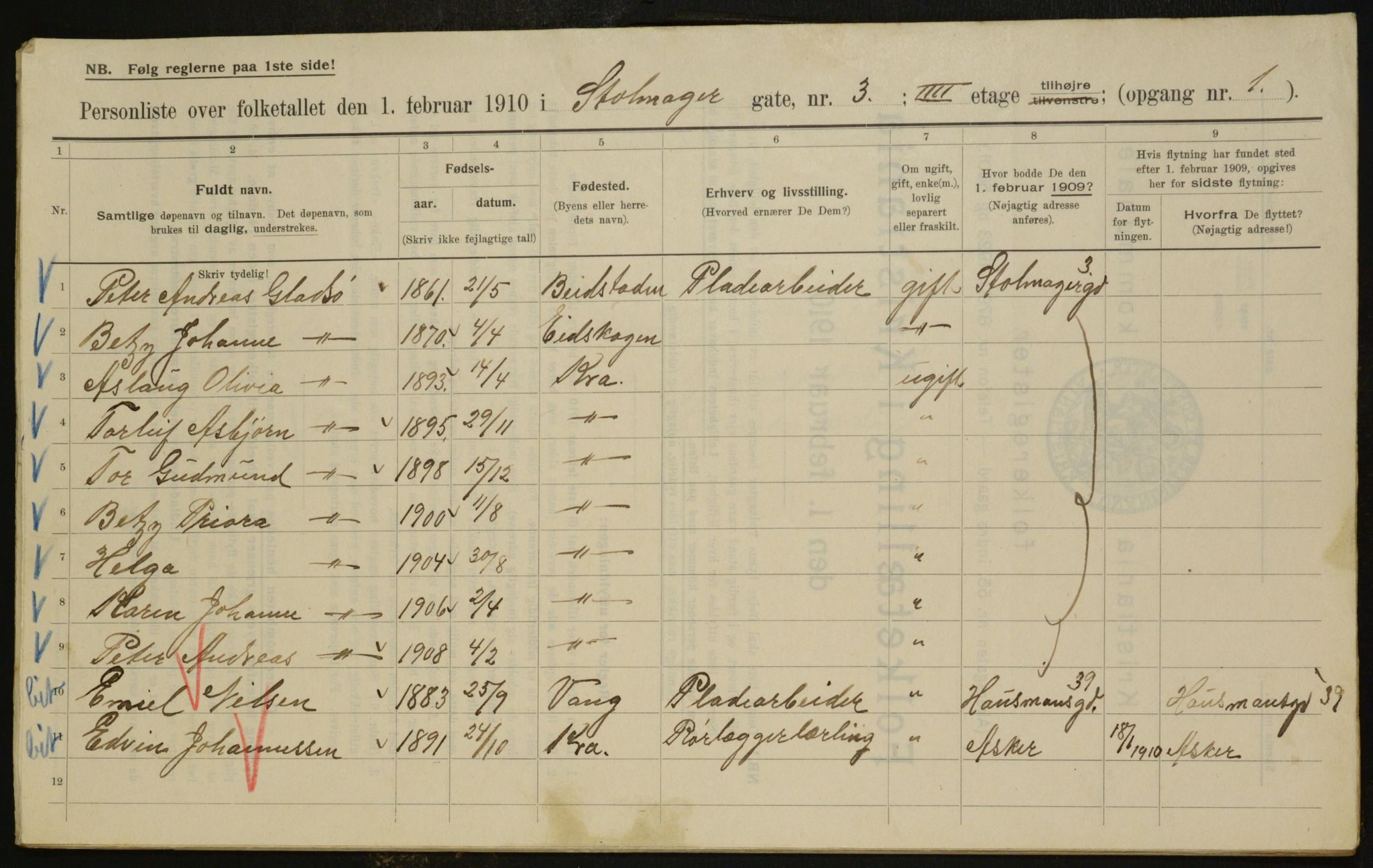 OBA, Municipal Census 1910 for Kristiania, 1910, p. 97482