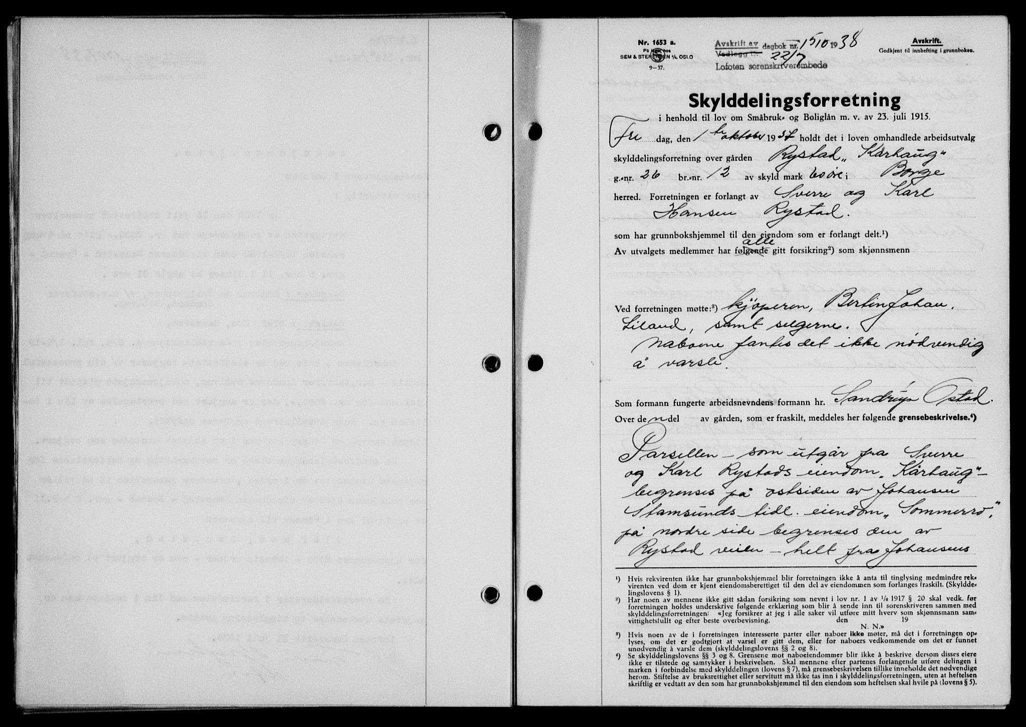 Lofoten sorenskriveri, SAT/A-0017/1/2/2C/L0004a: Mortgage book no. 4a, 1938-1938, Diary no: : 1510/1938