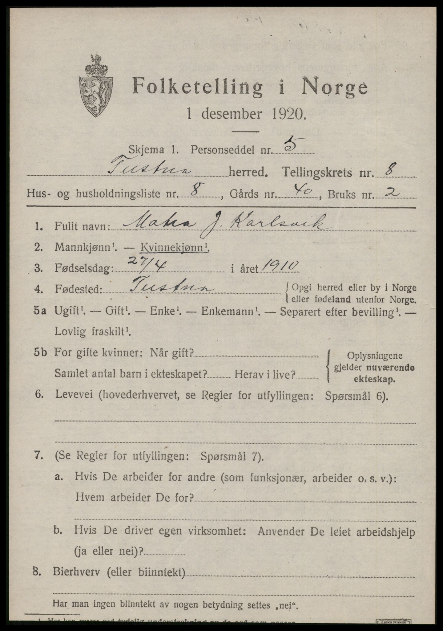 SAT, 1920 census for Tustna, 1920, p. 3697