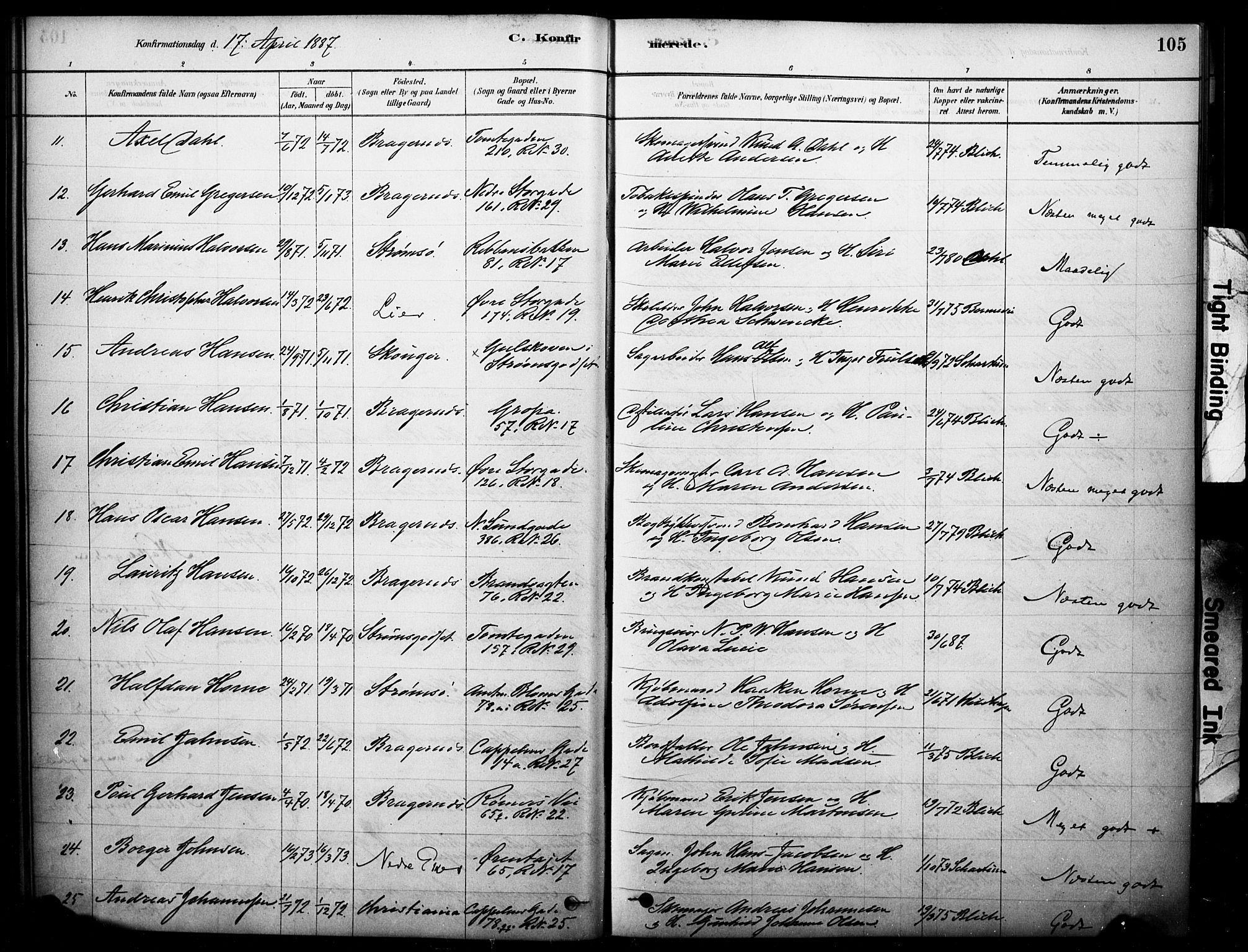 Bragernes kirkebøker, AV/SAKO-A-6/F/Fc/L0005: Parish register (official) no. III 5, 1878-1890, p. 105