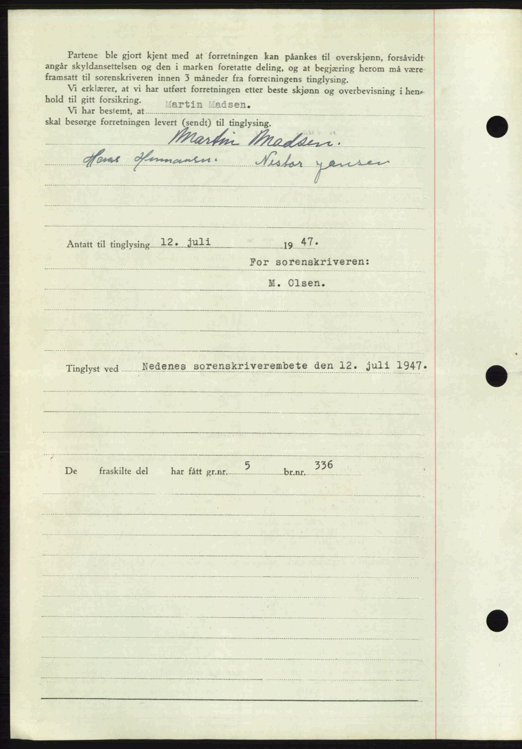 Nedenes sorenskriveri, AV/SAK-1221-0006/G/Gb/Gba/L0057: Mortgage book no. A9, 1947-1947, Diary no: : 974/1947