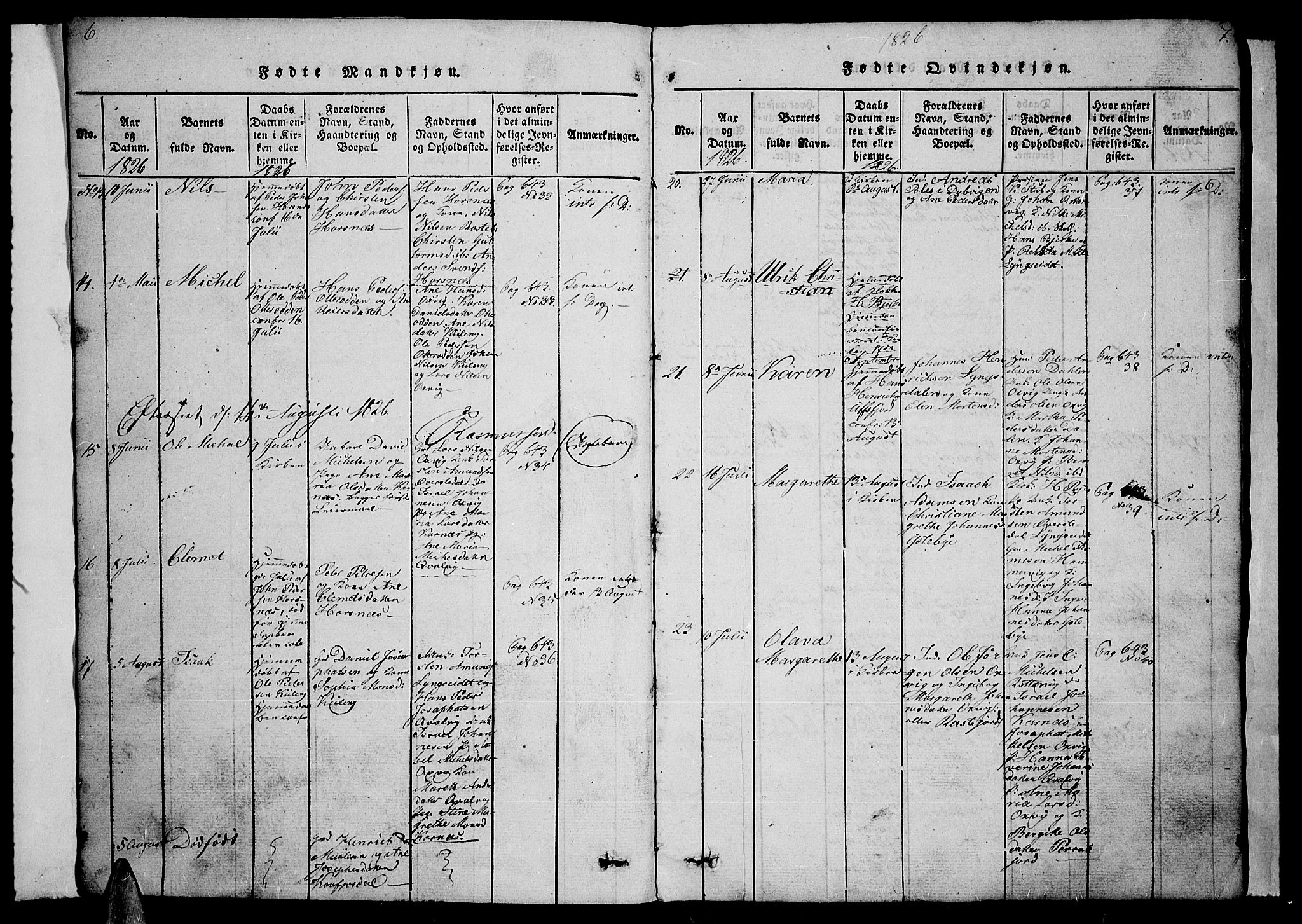 Lyngen sokneprestembete, AV/SATØ-S-1289/H/He/Heb/L0001klokker: Parish register (copy) no. 1, 1826-1838, p. 6-7