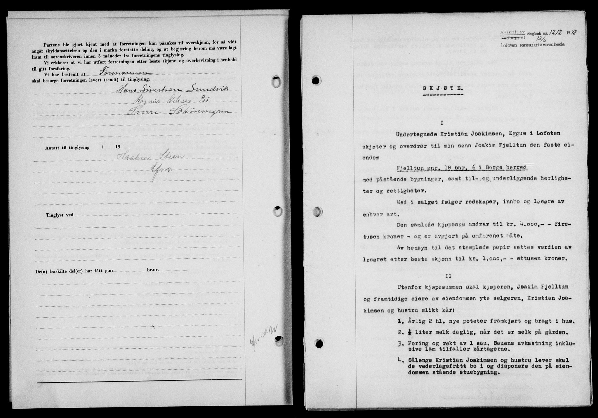 Lofoten sorenskriveri, SAT/A-0017/1/2/2C/L0018a: Mortgage book no. 18a, 1948-1948, Diary no: : 1212/1948