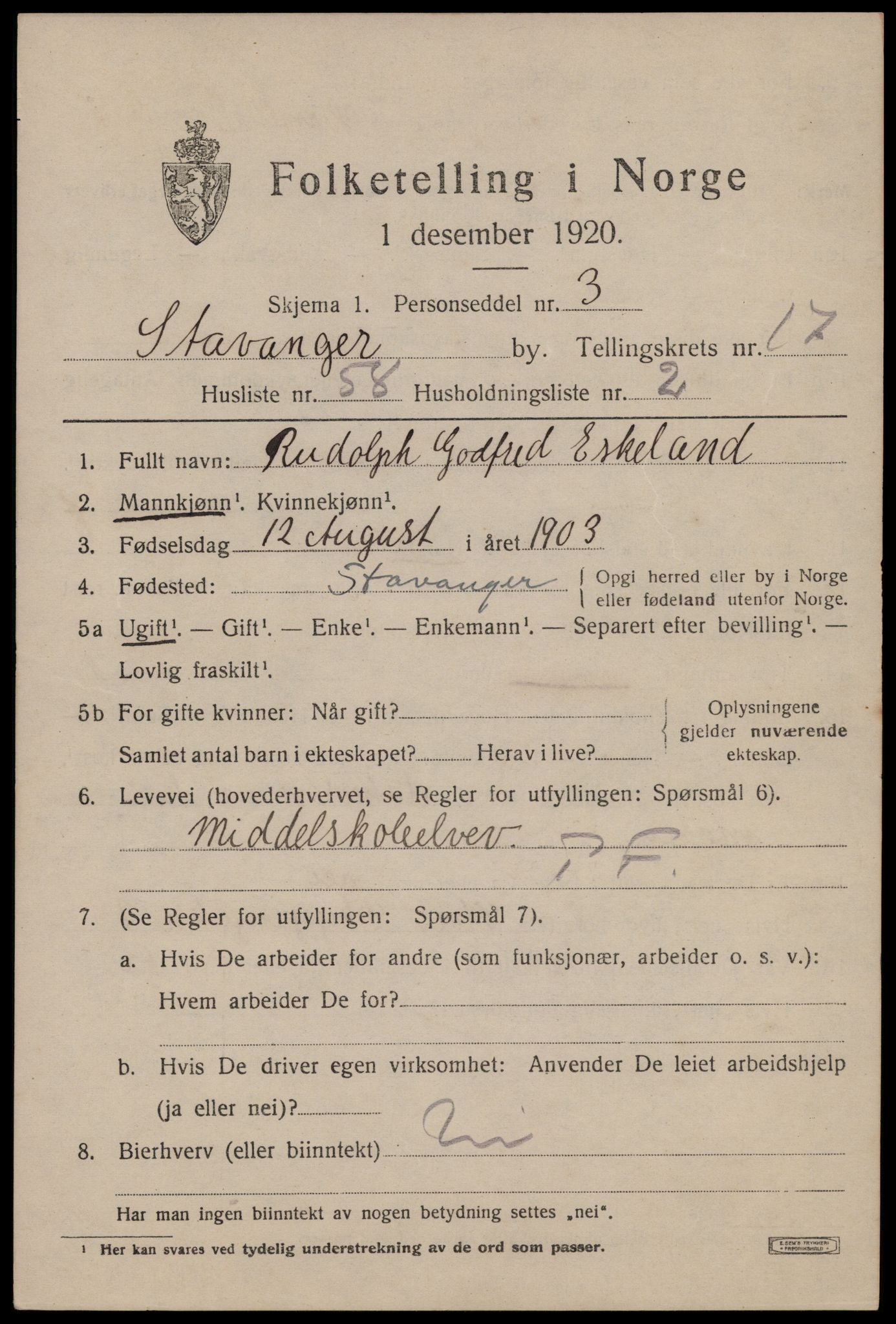 SAST, 1920 census for Stavanger, 1920, p. 66060