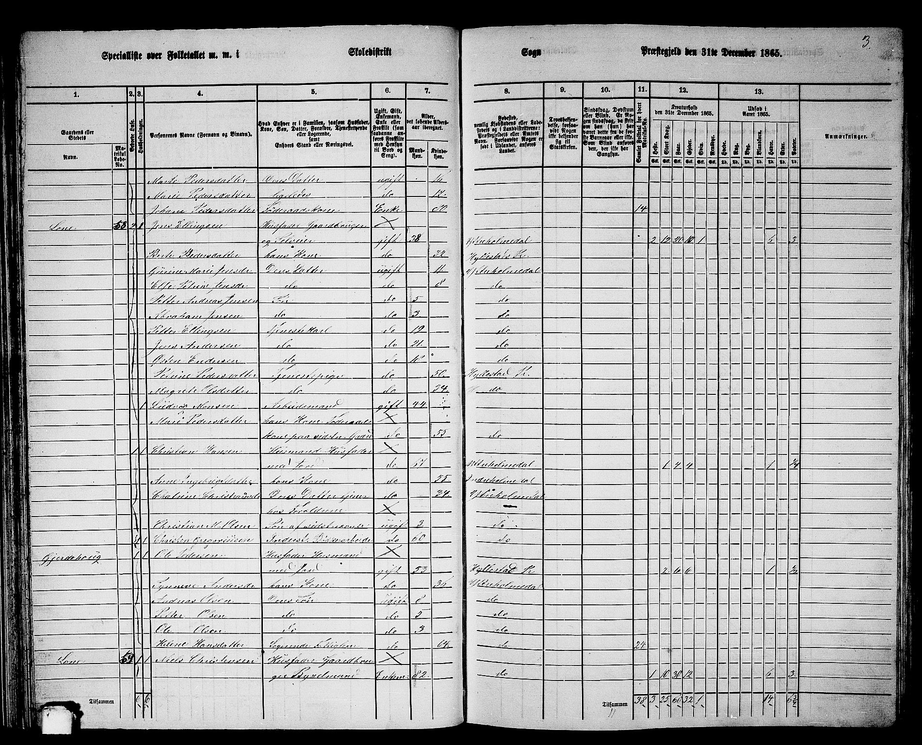 RA, 1865 census for Ytre Holmedal, 1865, p. 46