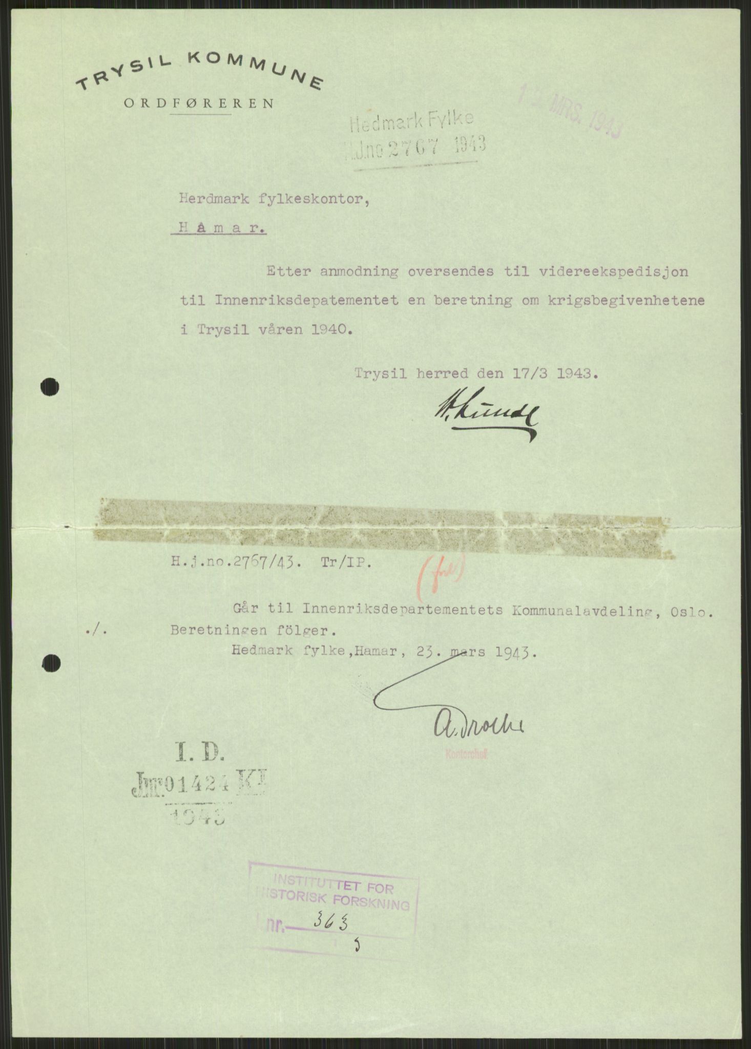 Forsvaret, Forsvarets krigshistoriske avdeling, AV/RA-RAFA-2017/Y/Ya/L0013: II-C-11-31 - Fylkesmenn.  Rapporter om krigsbegivenhetene 1940., 1940, p. 981