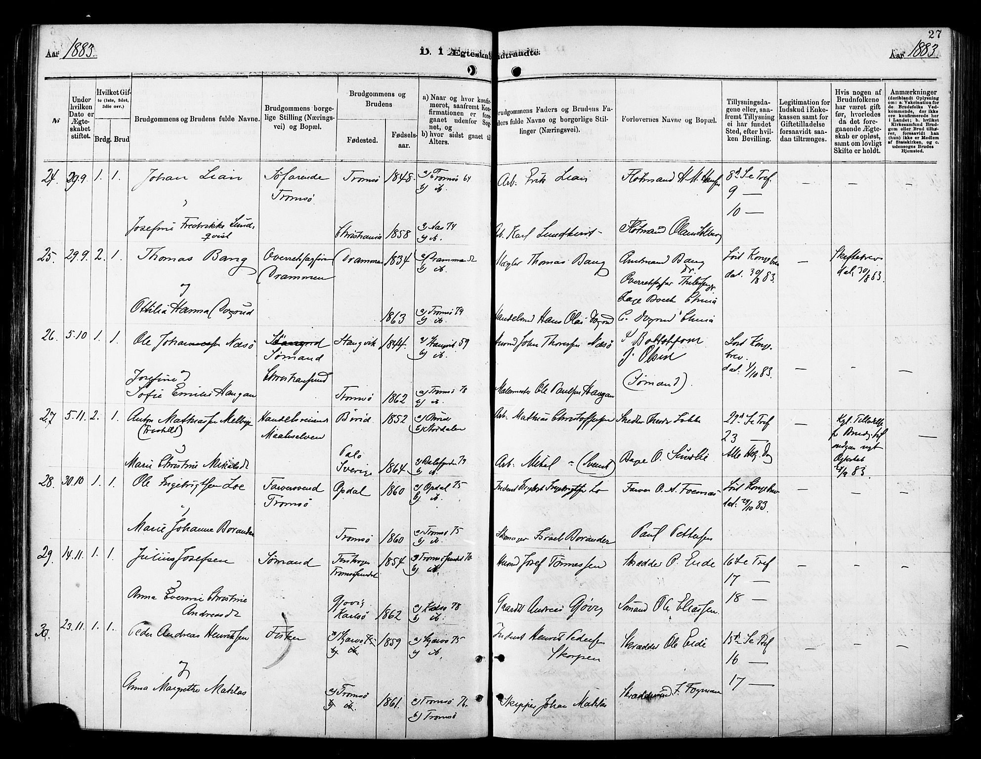 Tromsø sokneprestkontor/stiftsprosti/domprosti, AV/SATØ-S-1343/G/Ga/L0014kirke: Parish register (official) no. 14, 1878-1888, p. 27