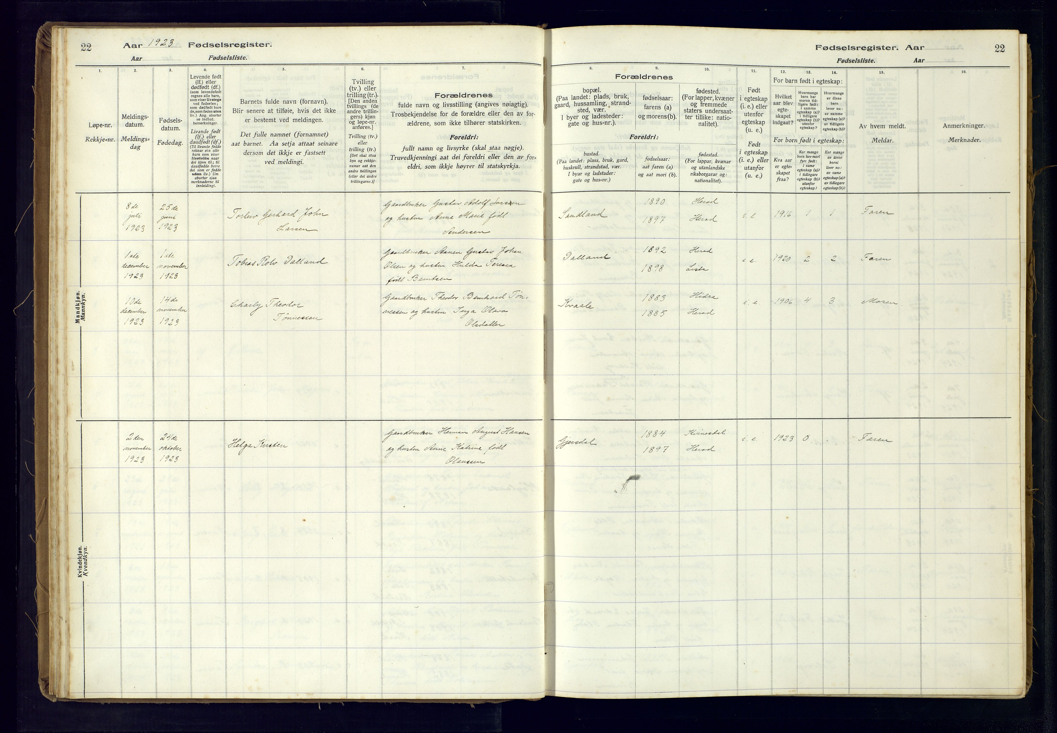 Herad sokneprestkontor, AV/SAK-1111-0018/J/Ja/L0001: Birth register no. A-VI-12, 1916-1981, p. 22