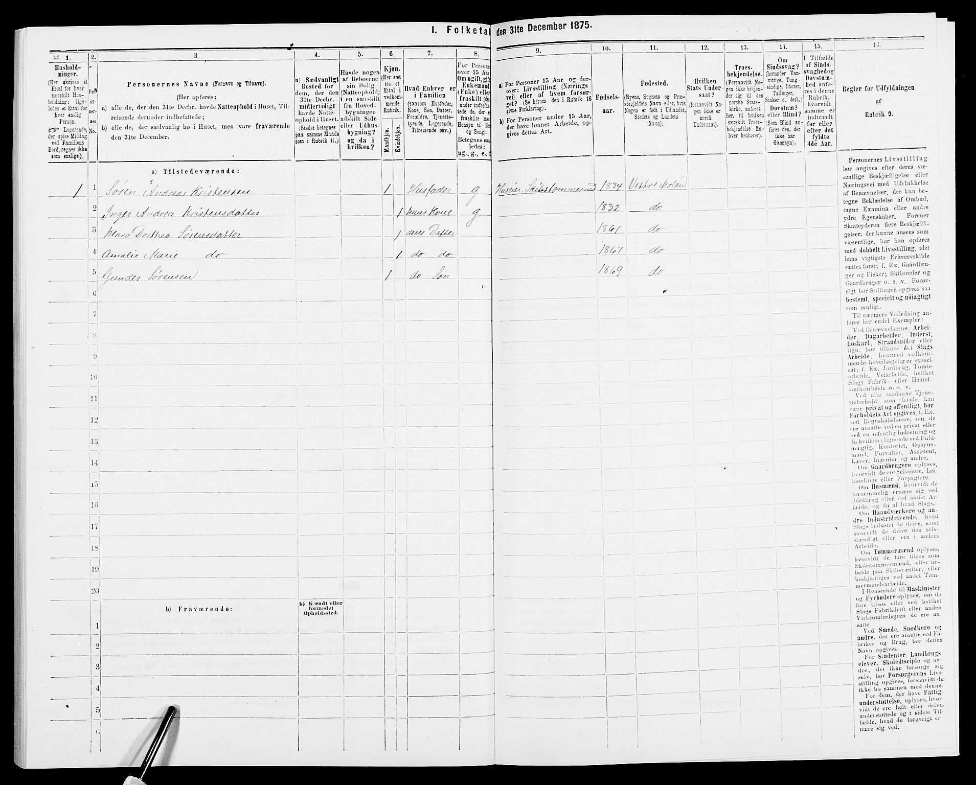 SAK, 1875 census for 0926L Vestre Moland/Vestre Moland, 1875, p. 274