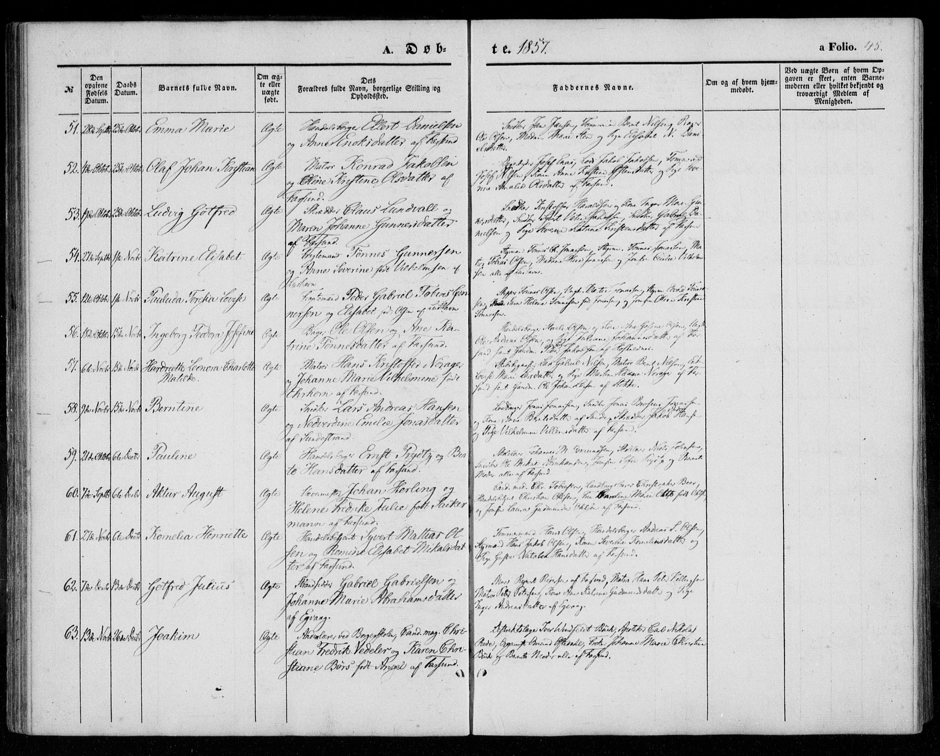 Farsund sokneprestkontor, SAK/1111-0009/F/Fa/L0004: Parish register (official) no. A 4, 1847-1863, p. 45