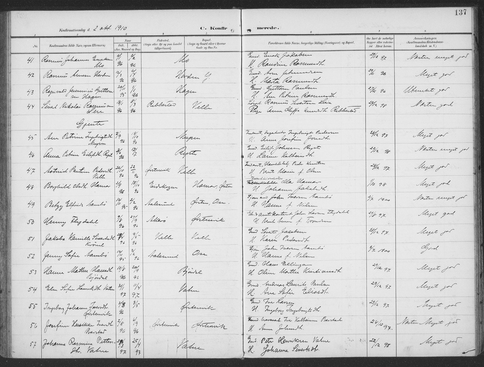 Ministerialprotokoller, klokkerbøker og fødselsregistre - Møre og Romsdal, AV/SAT-A-1454/513/L0178: Parish register (official) no. 513A05, 1906-1919, p. 137