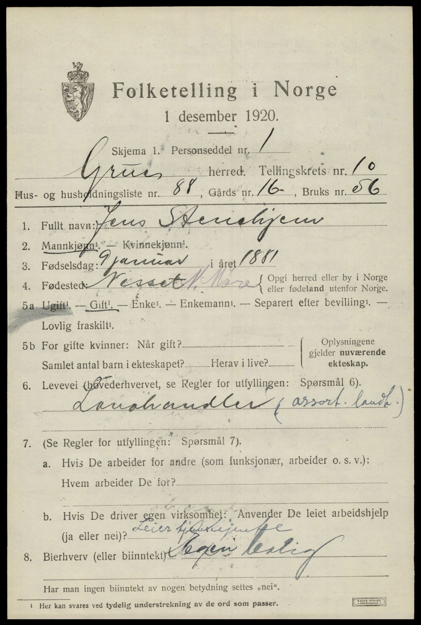 SAH, 1920 census for Grue, 1920, p. 9363