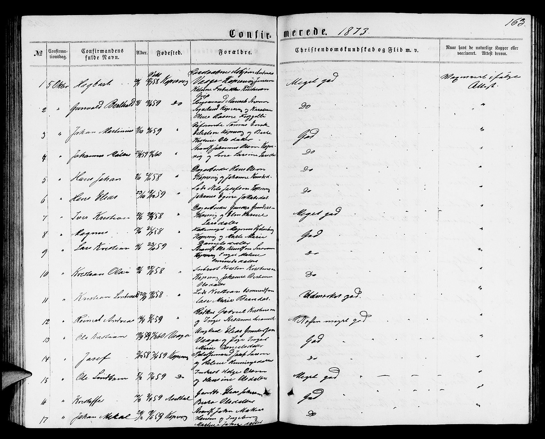 Avaldsnes sokneprestkontor, SAST/A -101851/H/Ha/Hab/L0004: Parish register (copy) no. B 4, 1861-1876, p. 163