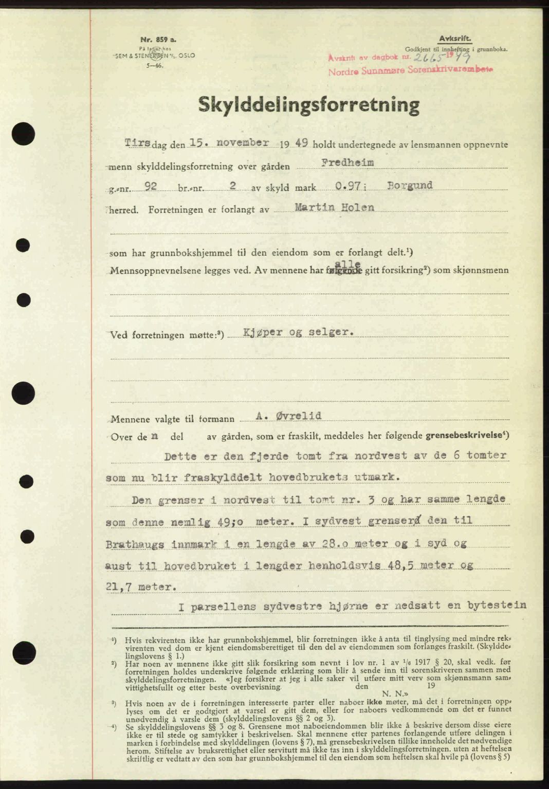 Nordre Sunnmøre sorenskriveri, AV/SAT-A-0006/1/2/2C/2Ca: Mortgage book no. A33, 1949-1950, Diary no: : 2665/1949