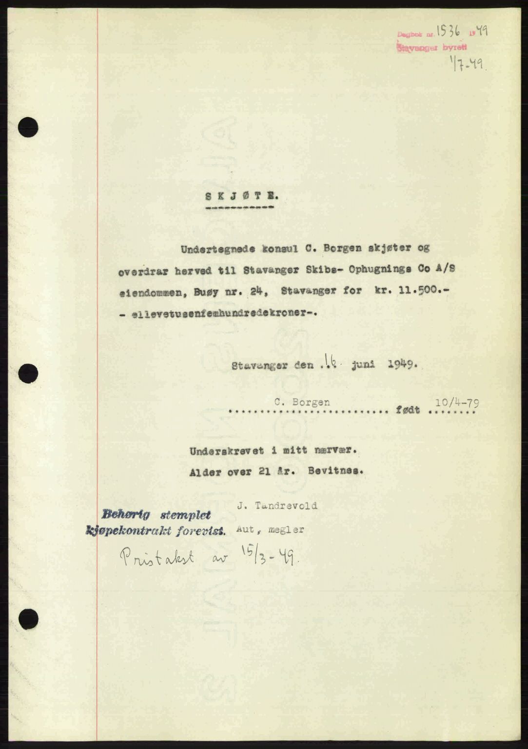 Stavanger byrett, SAST/A-100455/002/G/Gb/L0023: Mortgage book no. A12, 1948-1949, Diary no: : 1536/1949