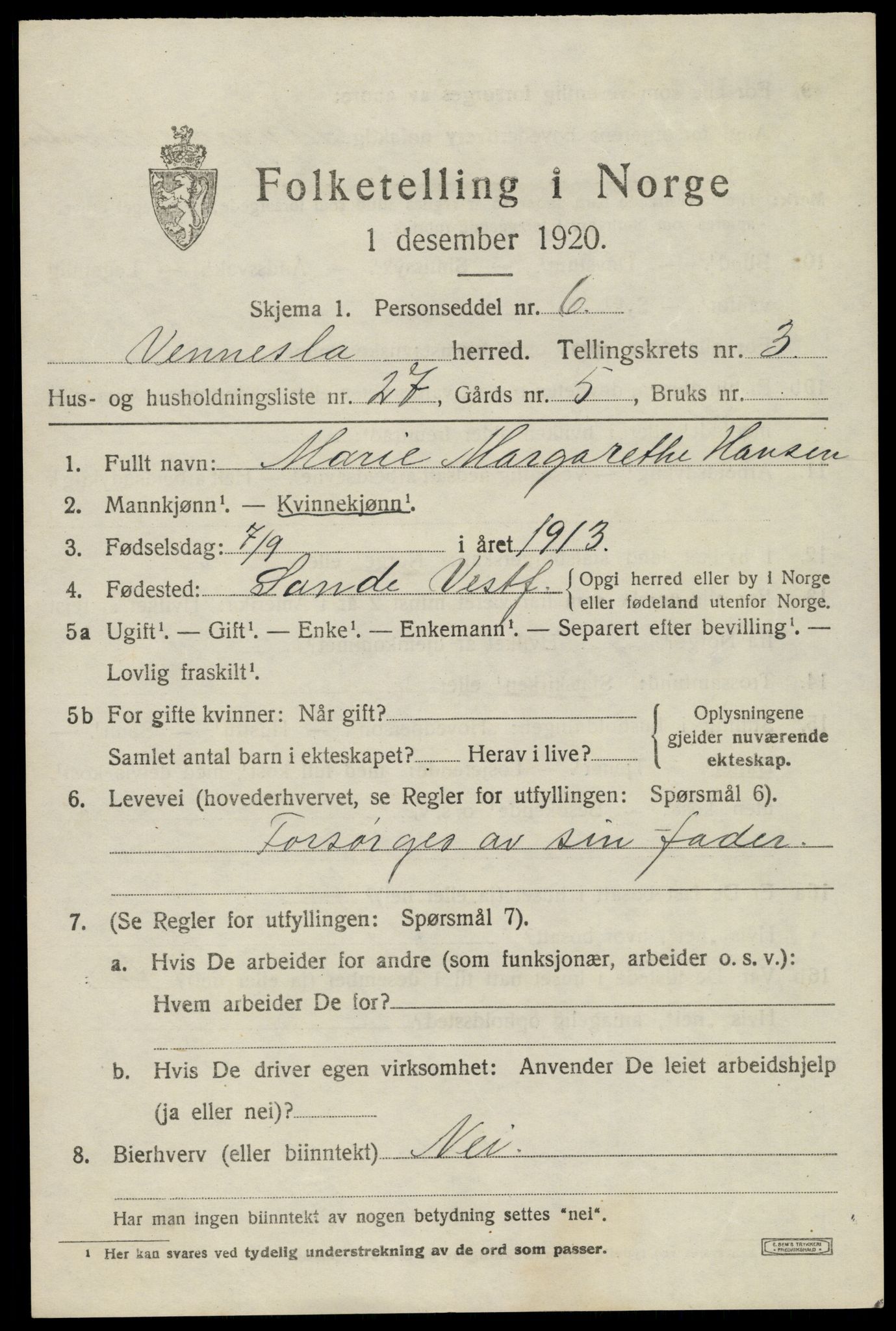 SAK, 1920 census for Vennesla, 1920, p. 2652