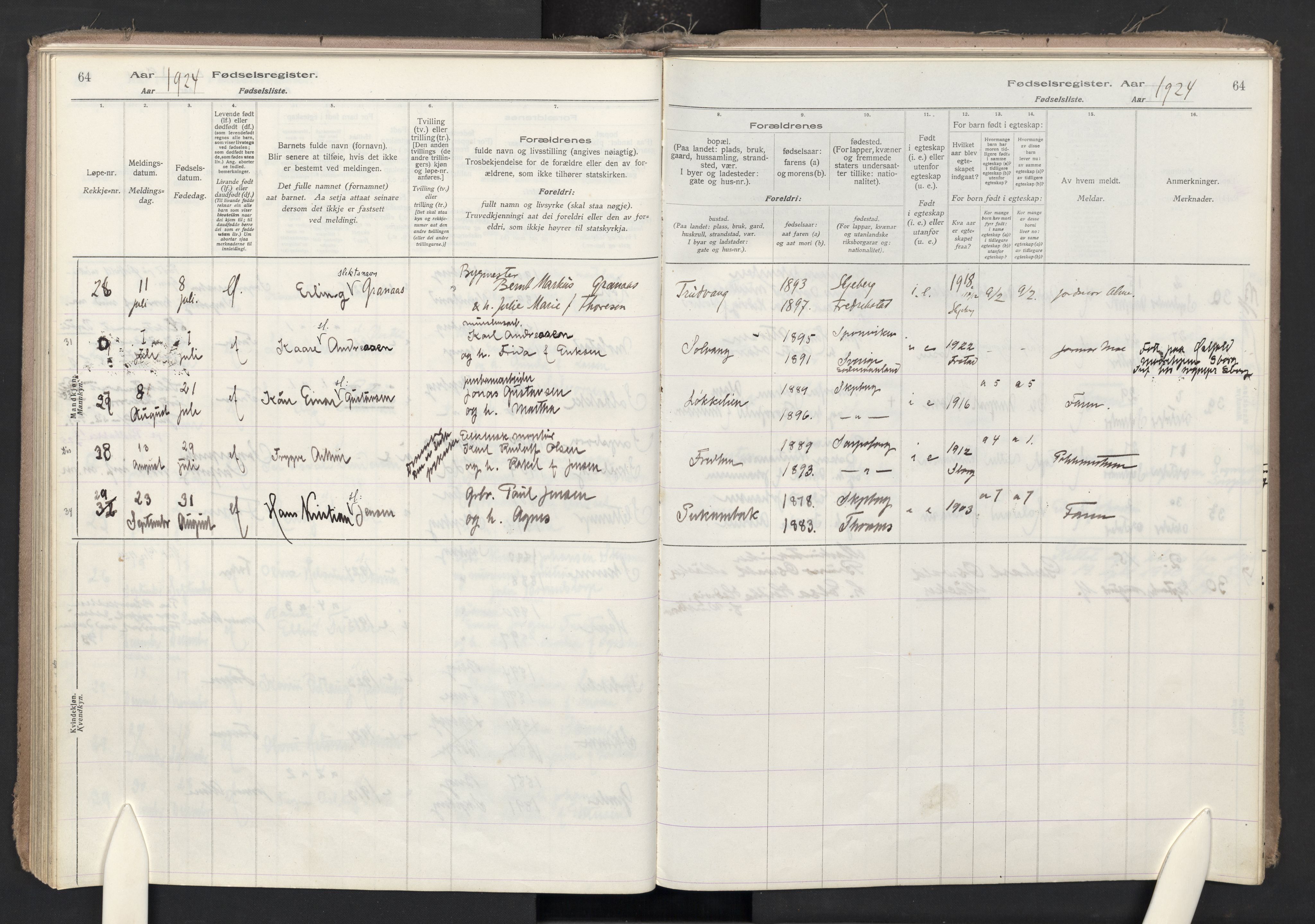 Skjeberg prestekontor Kirkebøker, AV/SAO-A-10923/J/Ja/L0001: Birth register no. I 1, 1916-1945, p. 64