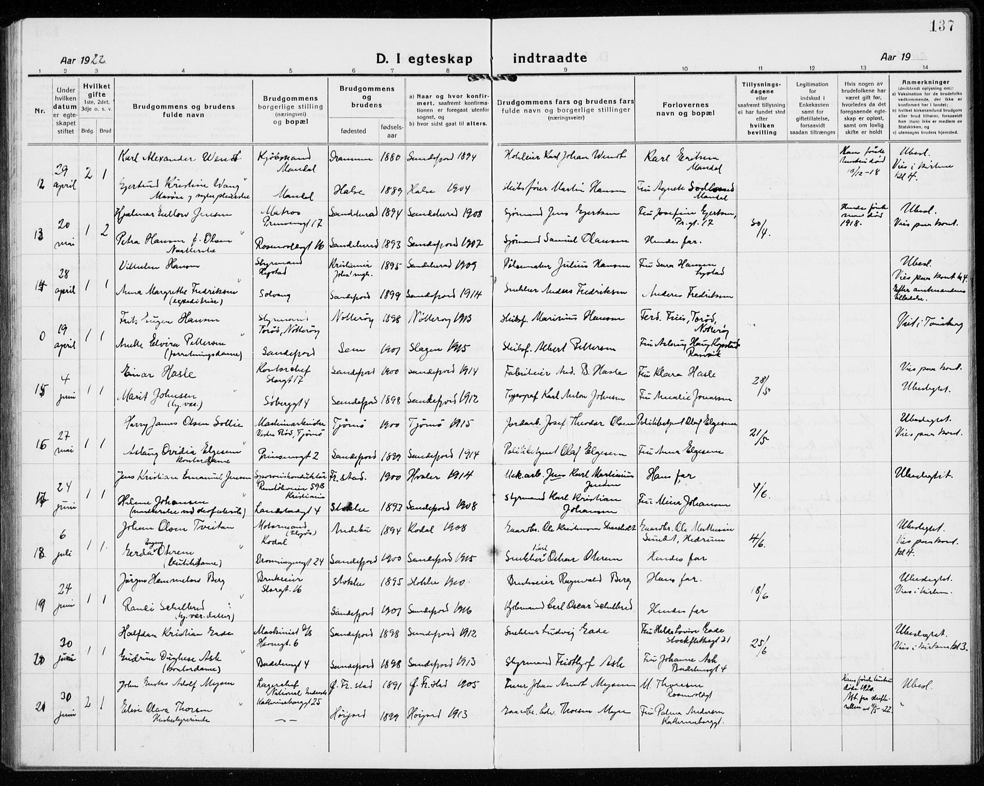 Sandefjord kirkebøker, AV/SAKO-A-315/G/Ga/L0004: Parish register (copy) no. 4, 1920-1931, p. 137