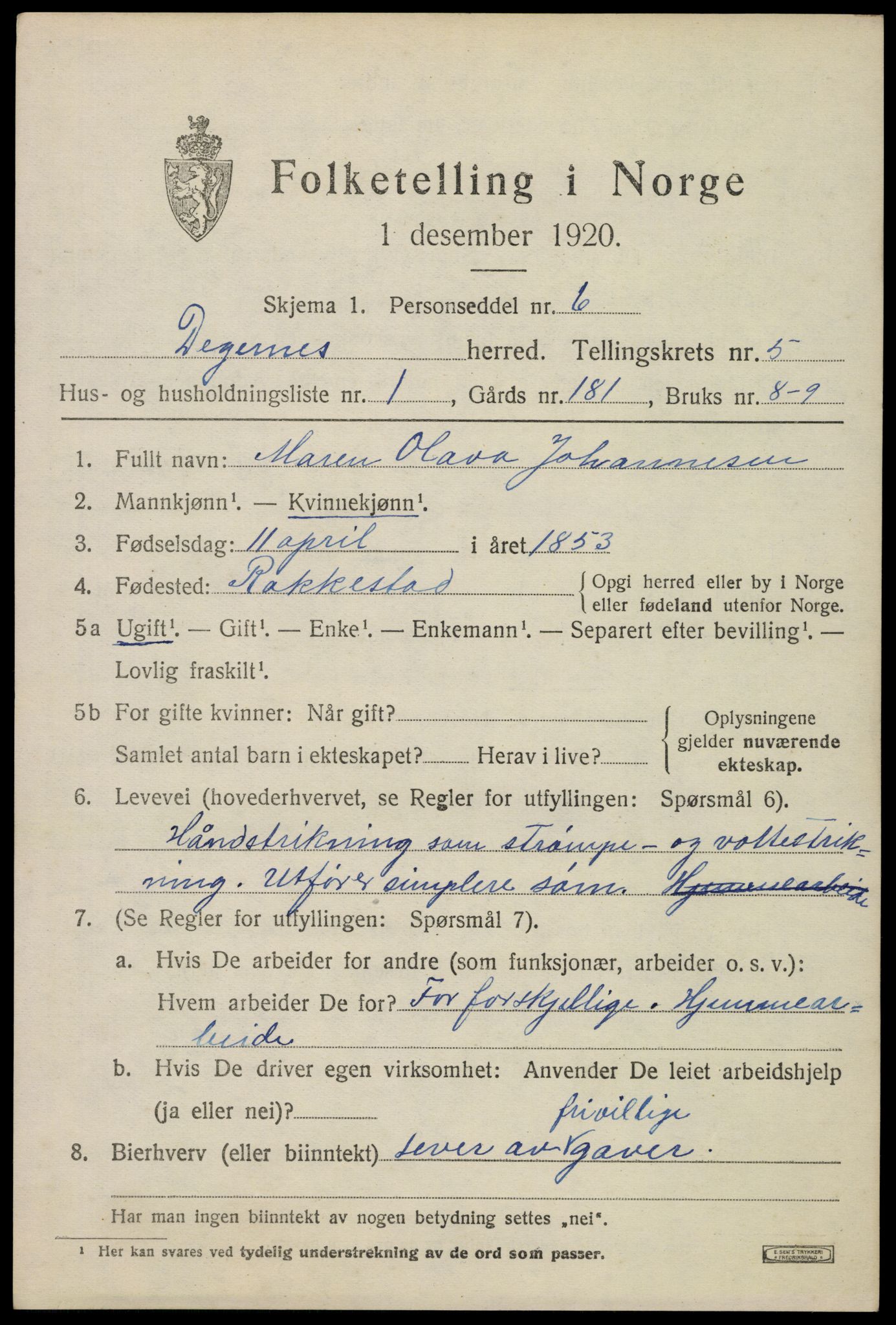 SAO, 1920 census for Degernes, 1920, p. 2750