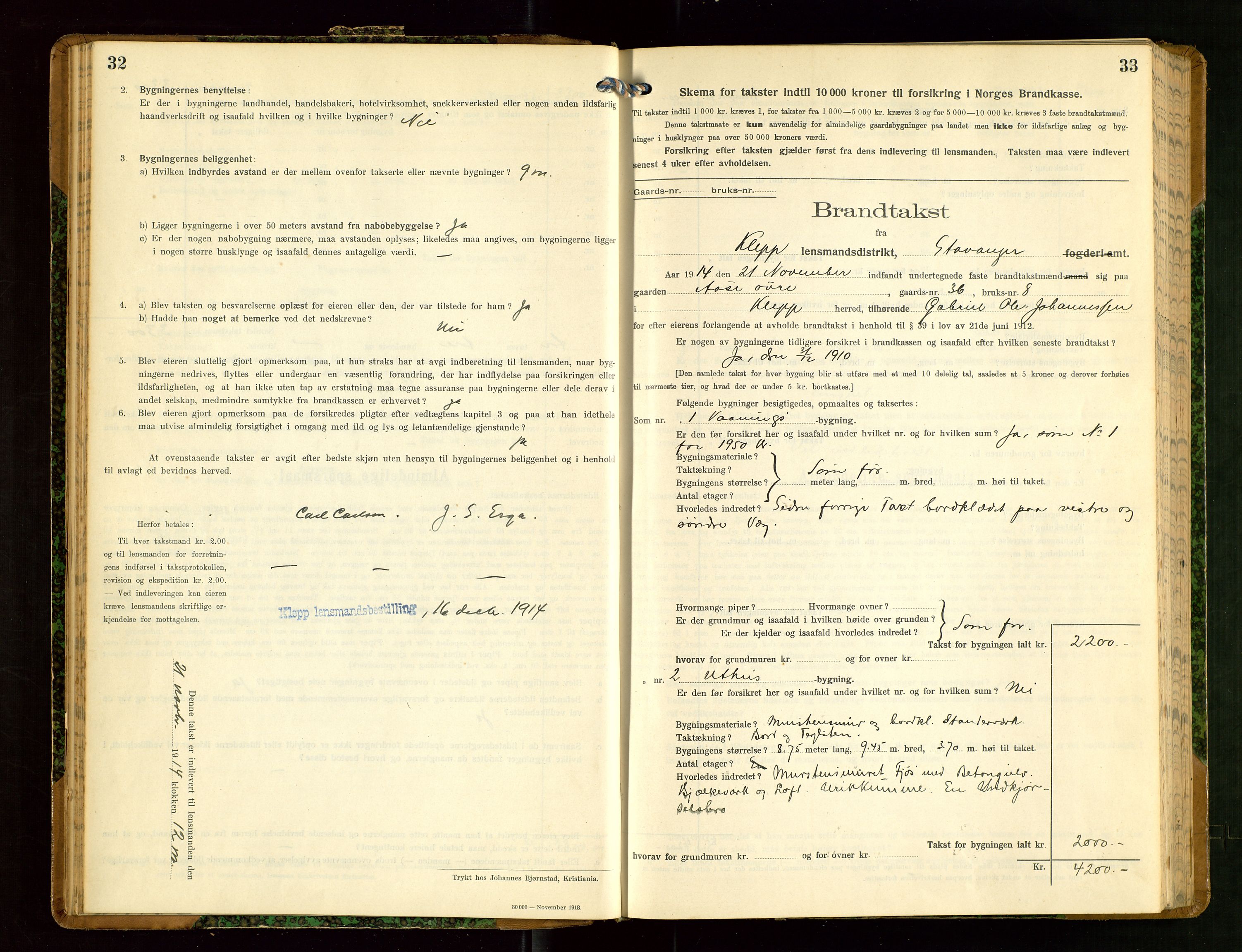 Klepp lensmannskontor, AV/SAST-A-100163/Goc/L0008: "Brandtakstprotokol" m/register, 1914-1917, p. 32-33