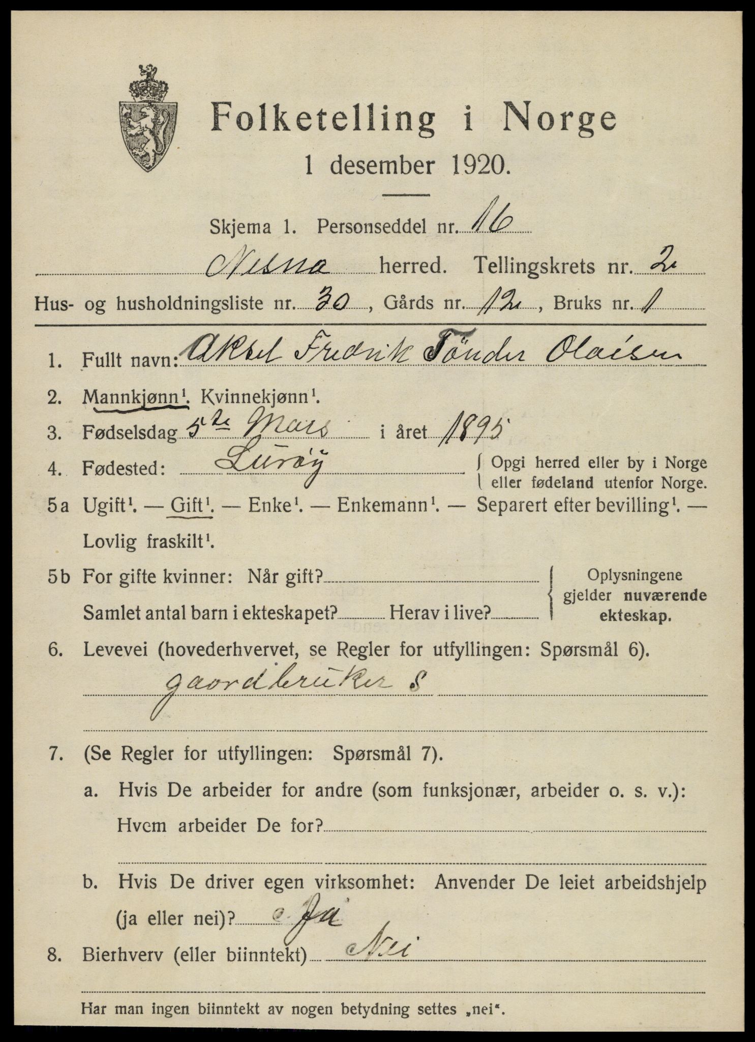 SAT, 1920 census for Nesna, 1920, p. 2067