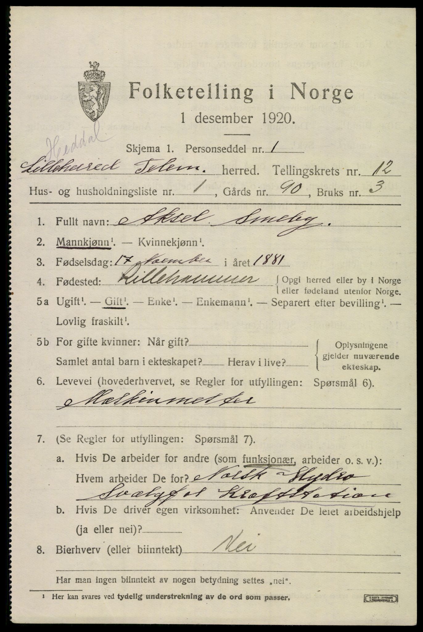 SAKO, 1920 census for Heddal, 1920, p. 8110