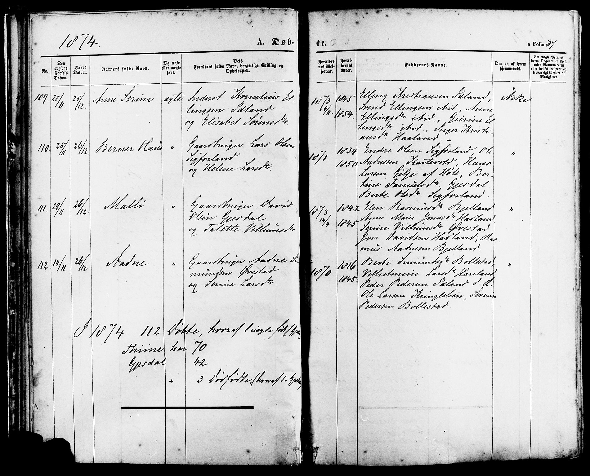 Lye sokneprestkontor, AV/SAST-A-101794/001/30BA/L0008: Parish register (official) no. A 7, 1872-1881, p. 37