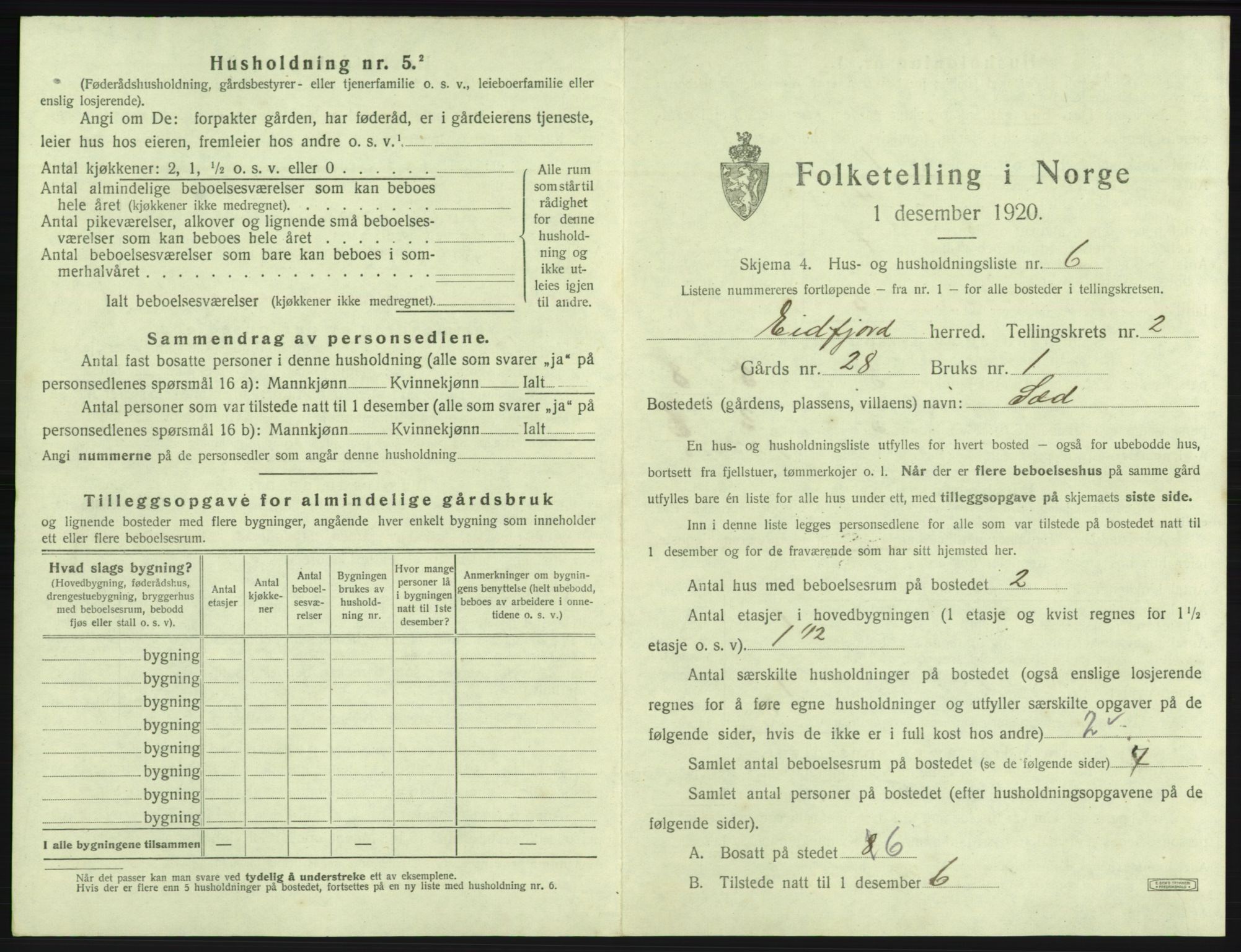 SAB, 1920 census for Eidfjord, 1920, p. 97