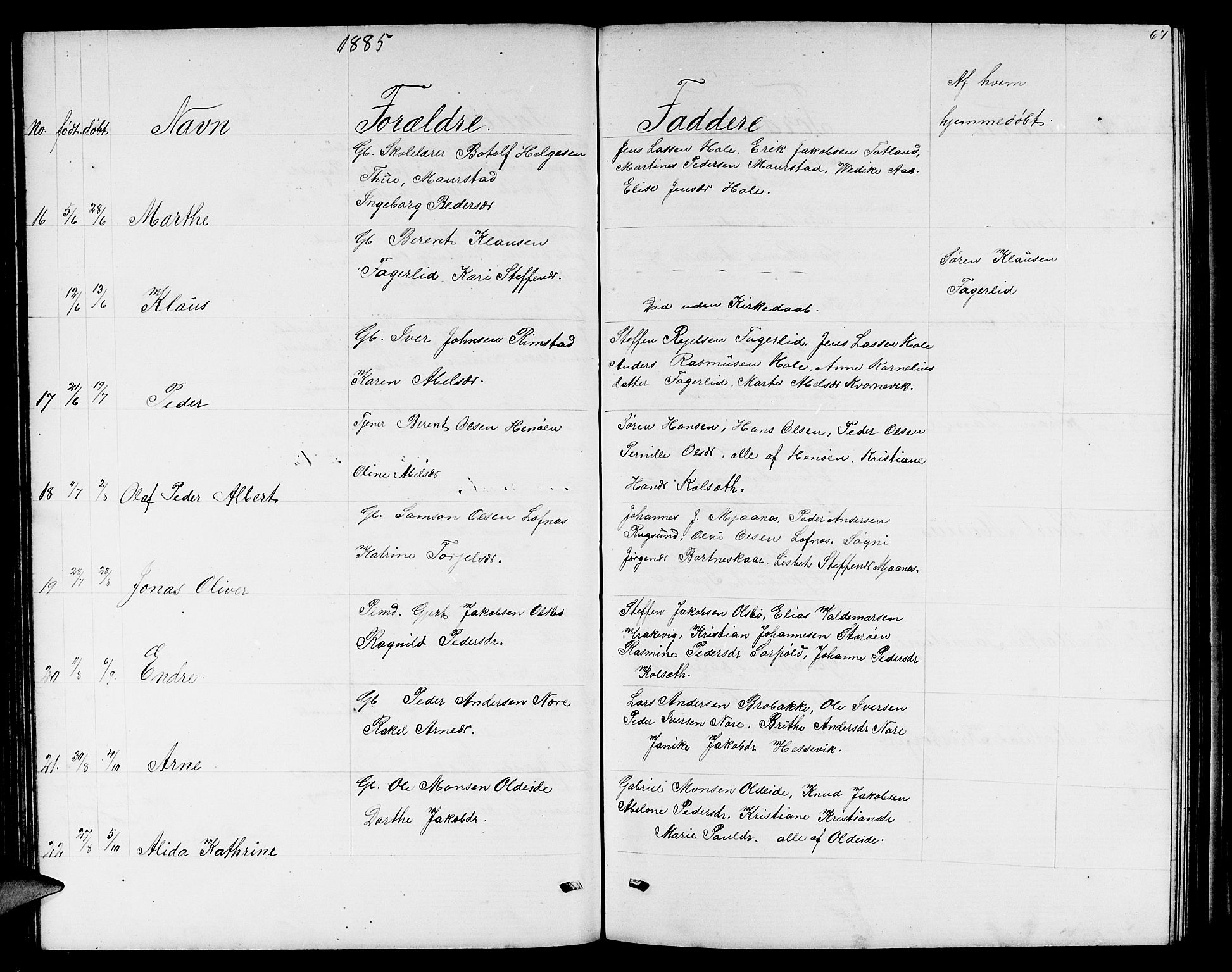 Davik sokneprestembete, SAB/A-79701/H/Hab/Habc/L0001: Parish register (copy) no. C 1, 1866-1888, p. 67