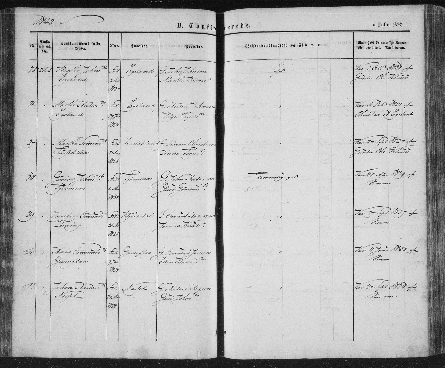 Vennesla sokneprestkontor, AV/SAK-1111-0045/Fa/Fac/L0004: Parish register (official) no. A 4, 1834-1855, p. 304