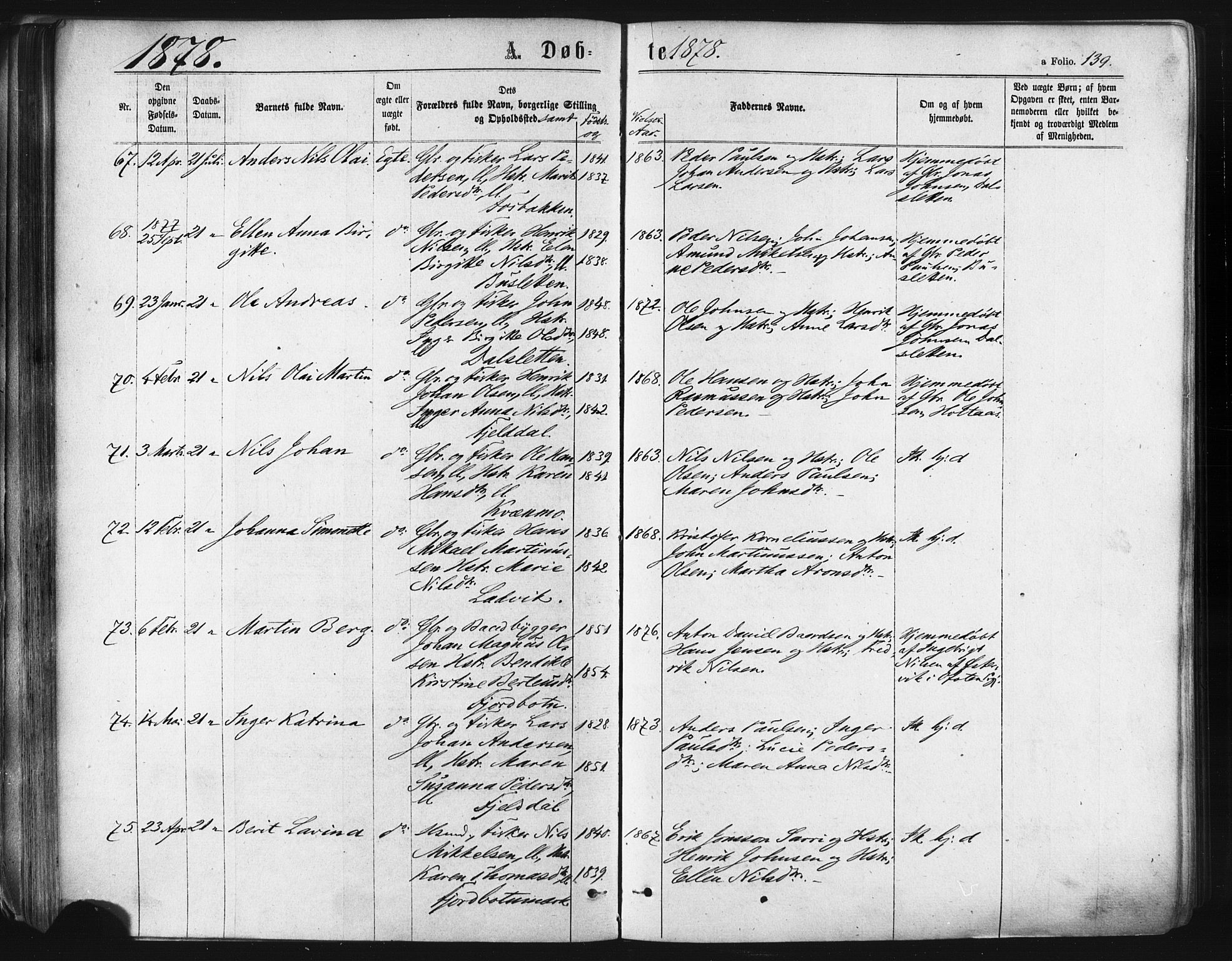 Ibestad sokneprestembete, SATØ/S-0077/H/Ha/Haa/L0010kirke: Parish register (official) no. 10, 1869-1879, p. 139