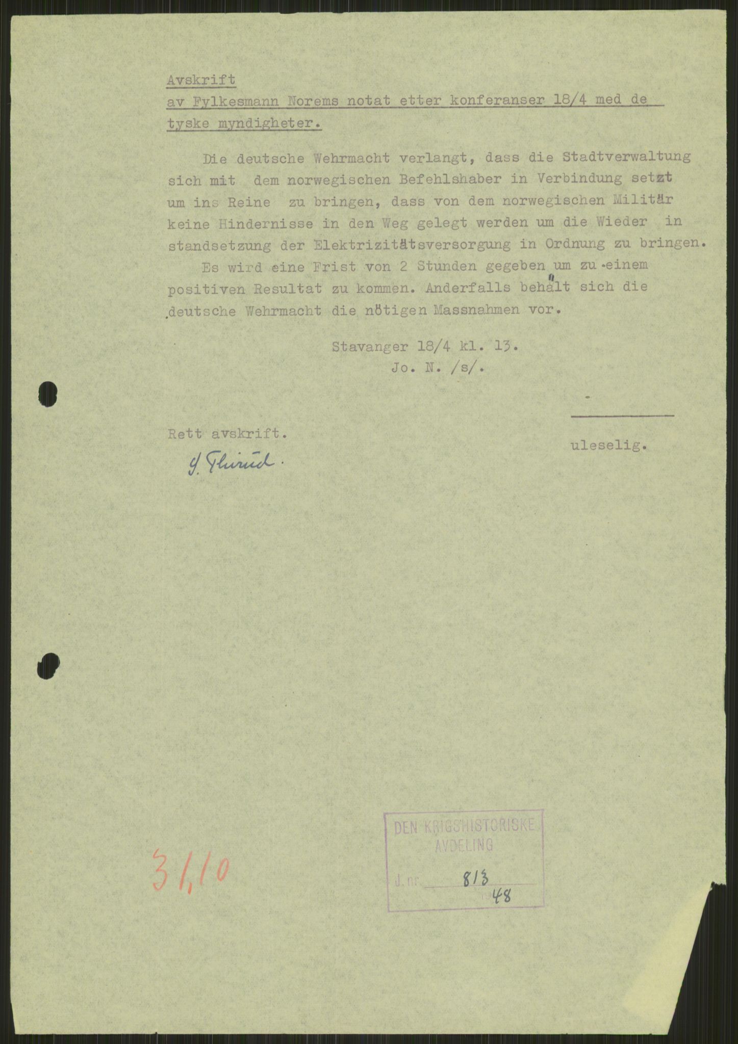 Forsvaret, Forsvarets krigshistoriske avdeling, AV/RA-RAFA-2017/Y/Ya/L0015: II-C-11-31 - Fylkesmenn.  Rapporter om krigsbegivenhetene 1940., 1940, p. 27