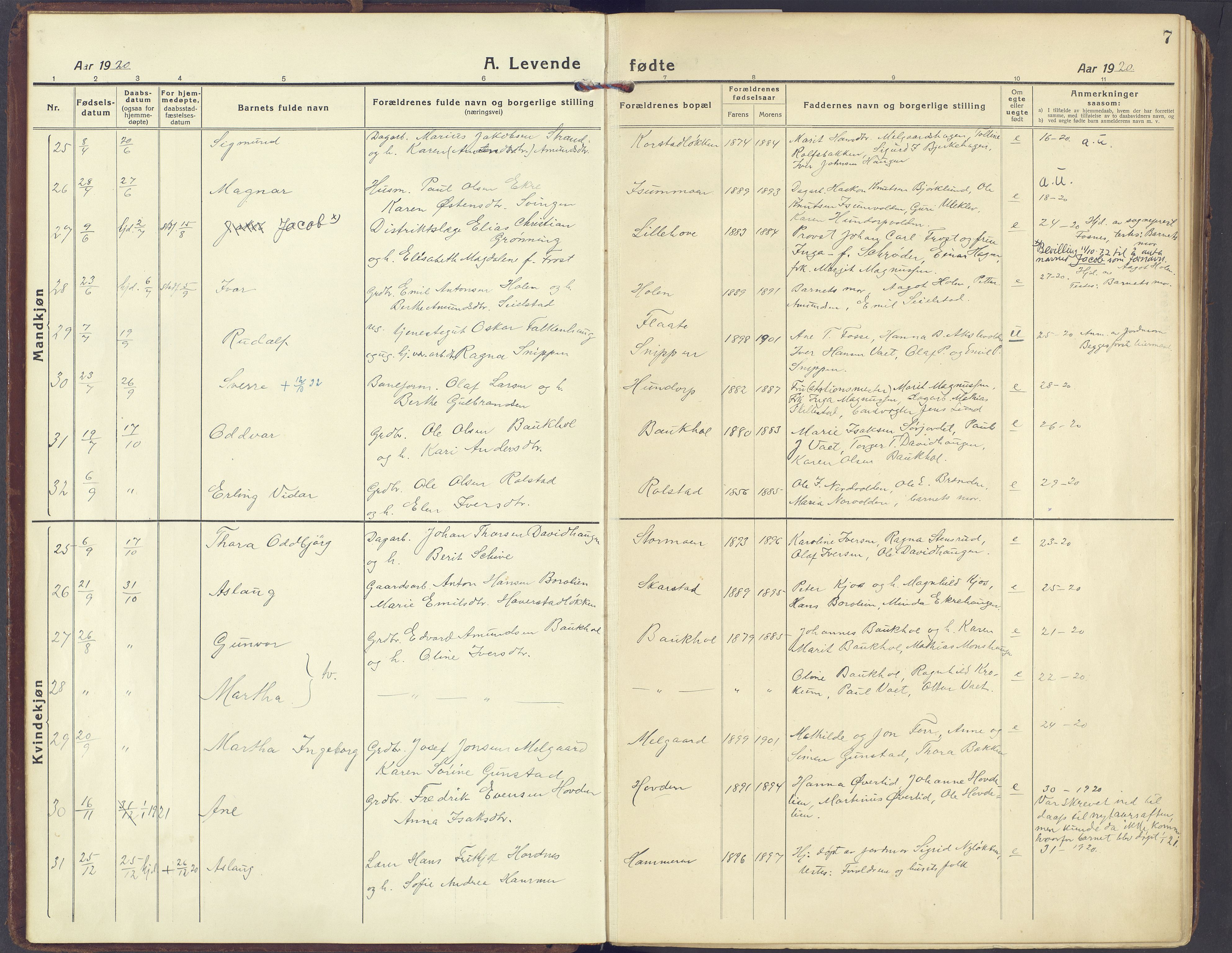 Sør-Fron prestekontor, SAH/PREST-010/H/Ha/Haa/L0005: Parish register (official) no. 5, 1920-1933, p. 7