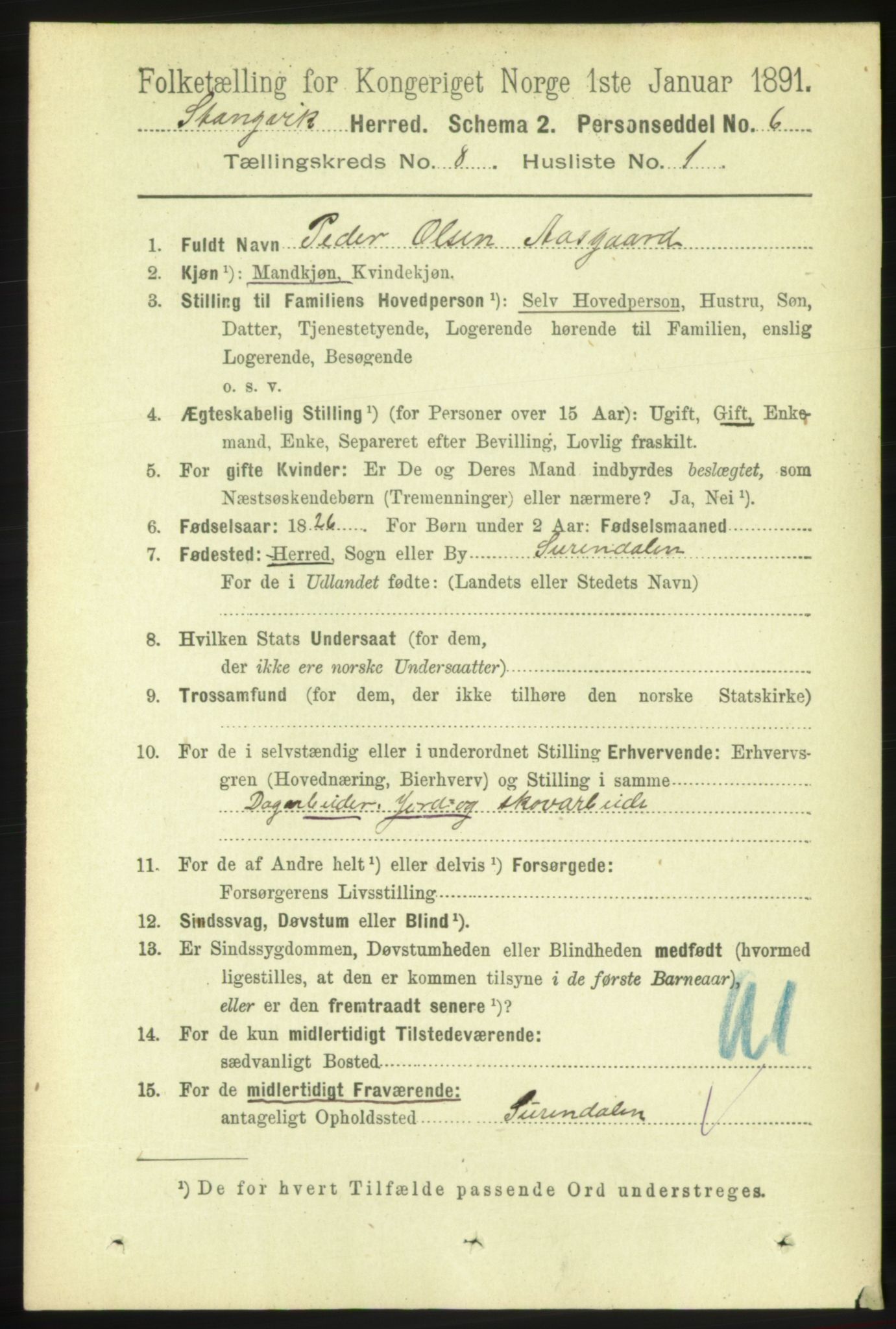 RA, 1891 census for 1564 Stangvik, 1891, p. 3336