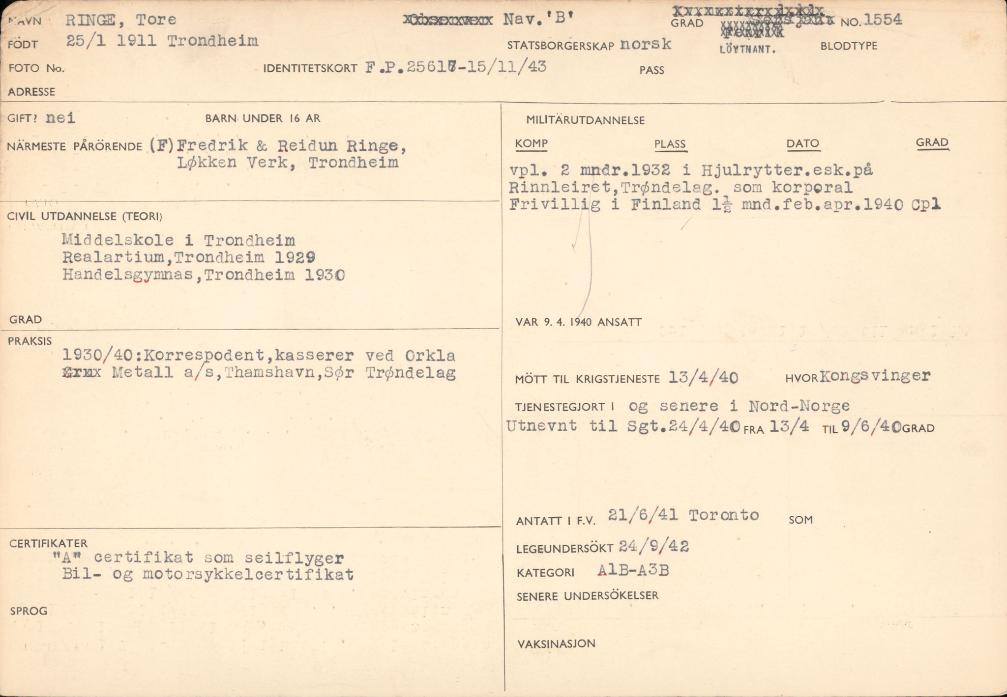 Forsvaret, Forsvarets overkommando/Luftforsvarsstaben, RA/RAFA-4079/P/Pa/L0028: Personellpapirer, 1911, p. 20