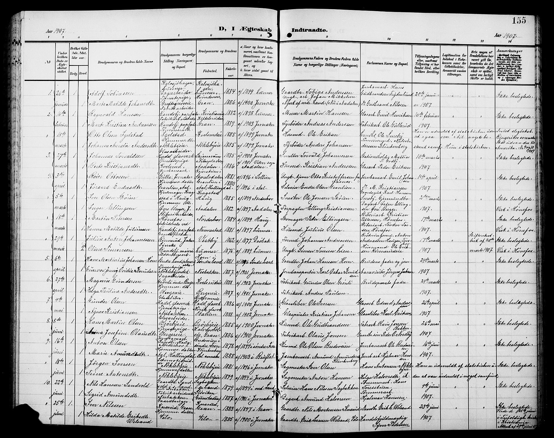 Jevnaker prestekontor, SAH/PREST-116/H/Ha/Hab/L0004: Parish register (copy) no. 4, 1907-1918, p. 155