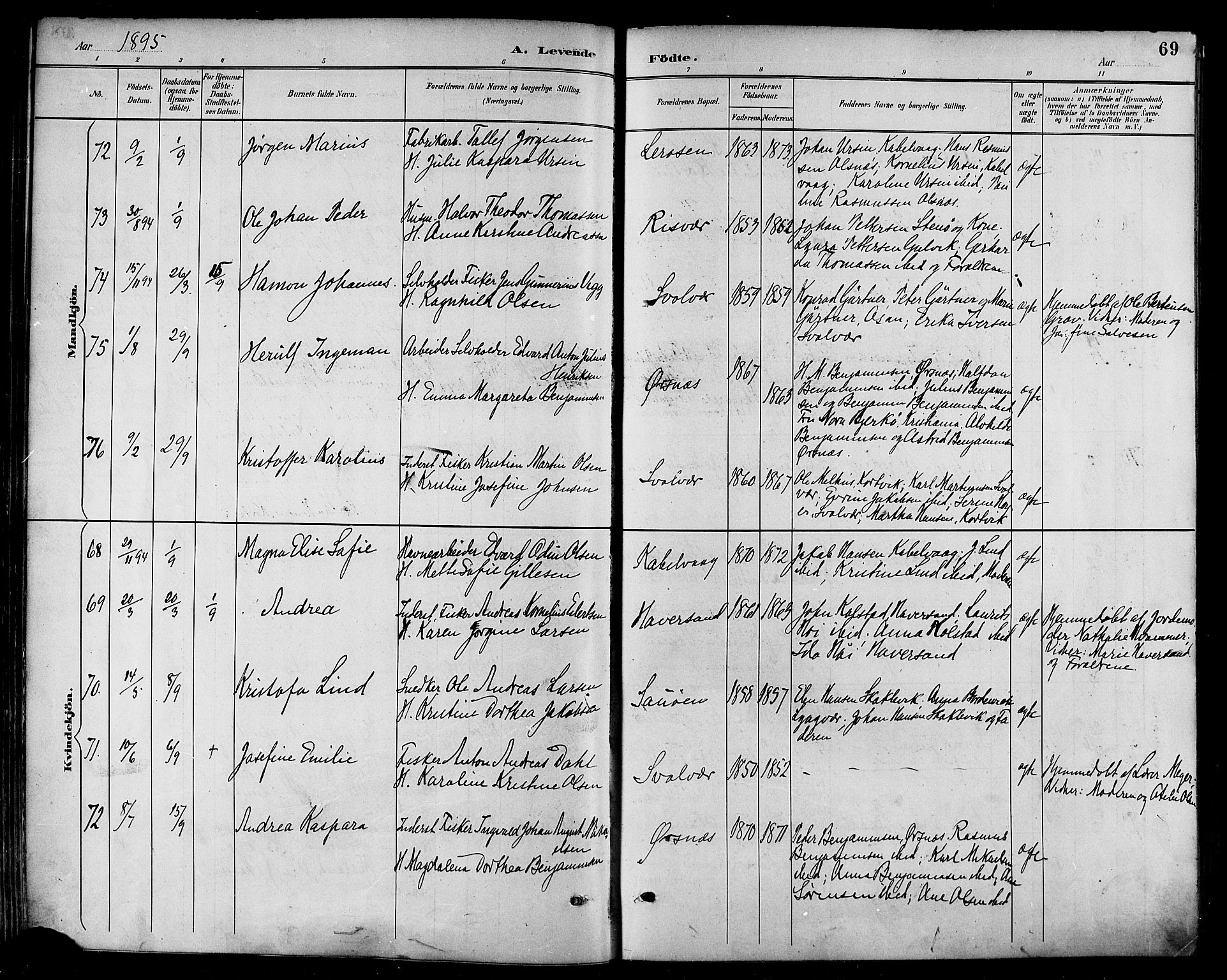 Ministerialprotokoller, klokkerbøker og fødselsregistre - Nordland, AV/SAT-A-1459/874/L1060: Parish register (official) no. 874A04, 1890-1899, p. 69