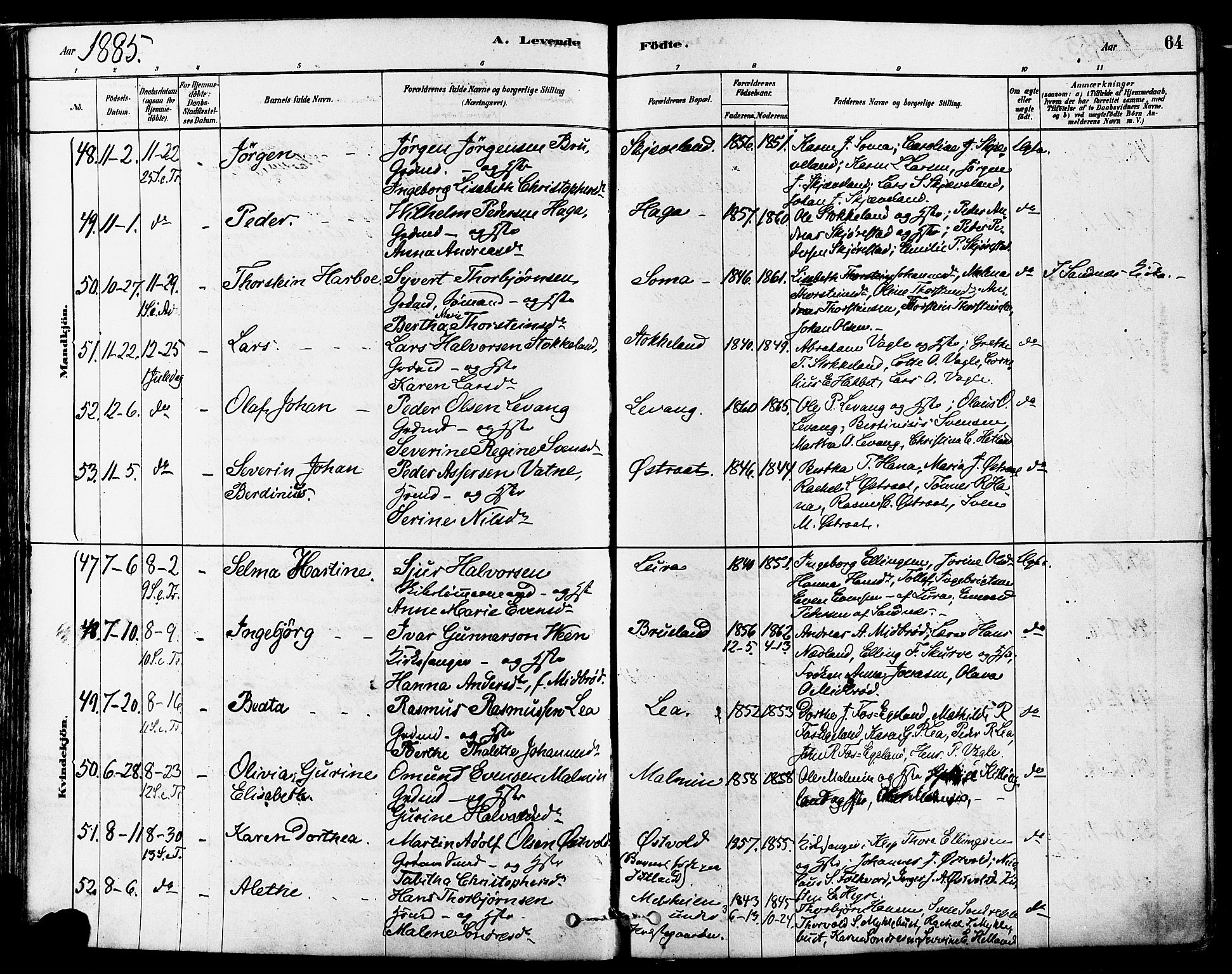 Høyland sokneprestkontor, SAST/A-101799/001/30BA/L0011: Parish register (official) no. A 10, 1878-1888, p. 64