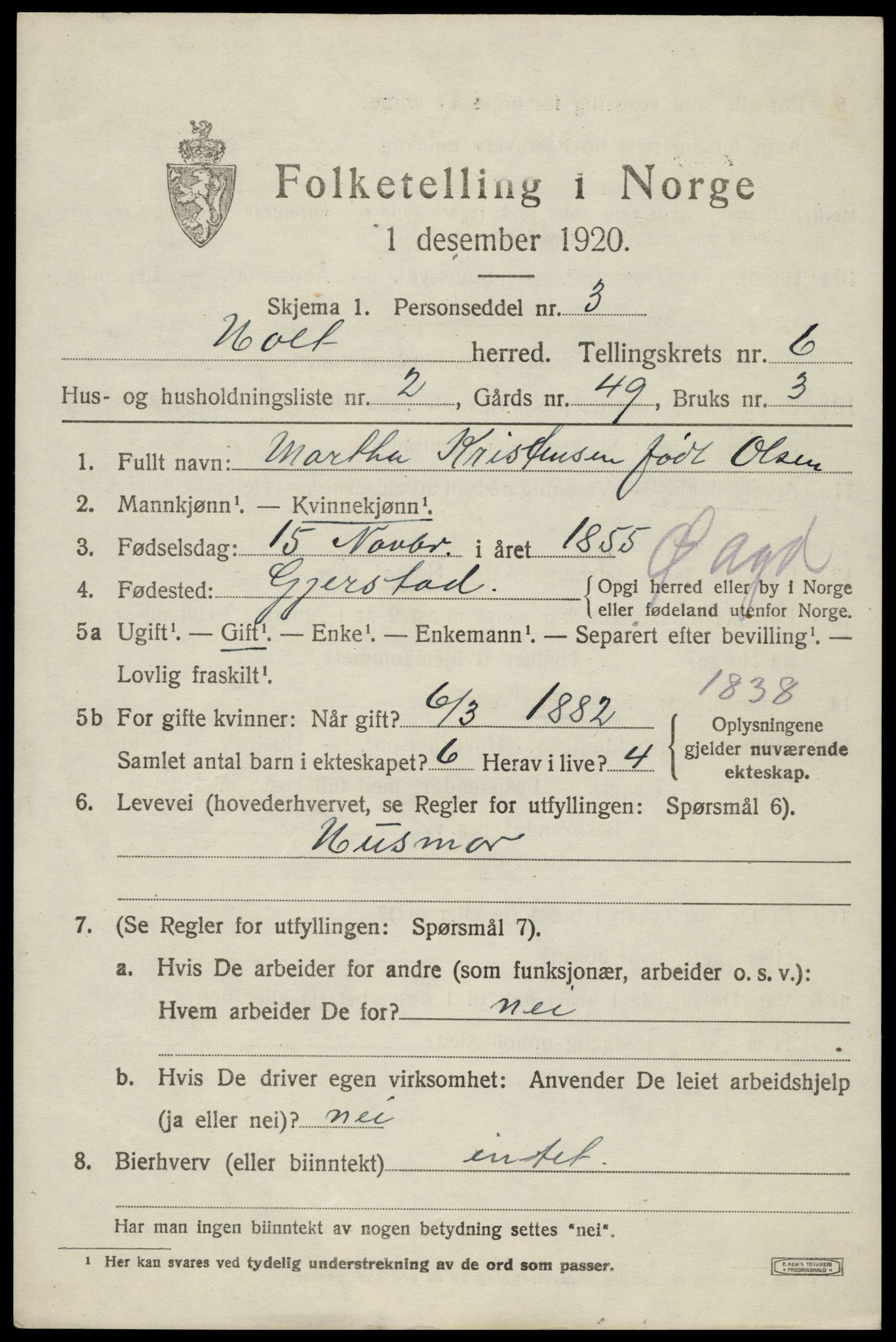 SAK, 1920 census for Holt, 1920, p. 3792