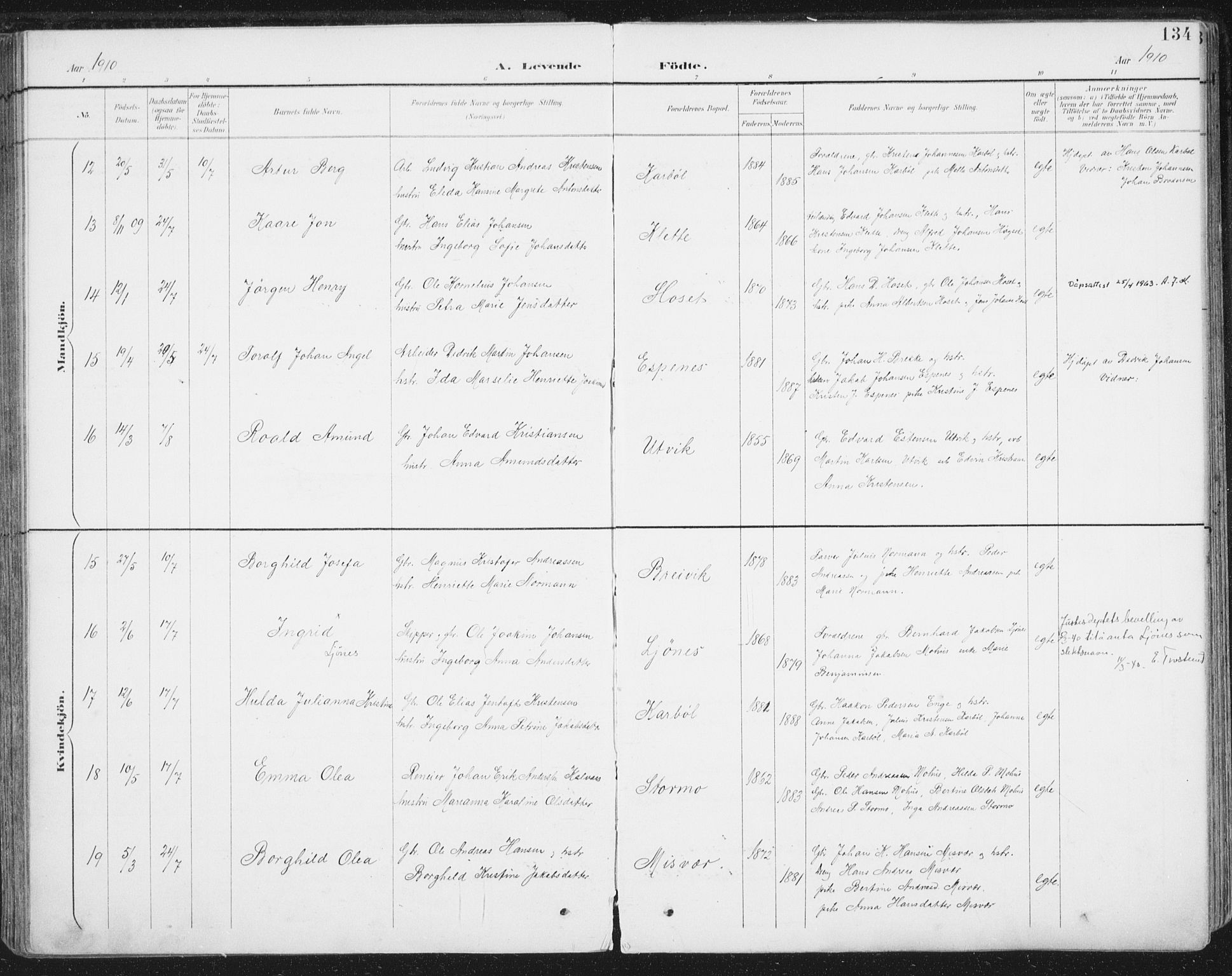 Ministerialprotokoller, klokkerbøker og fødselsregistre - Nordland, SAT/A-1459/852/L0741: Parish register (official) no. 852A11, 1894-1917, p. 134