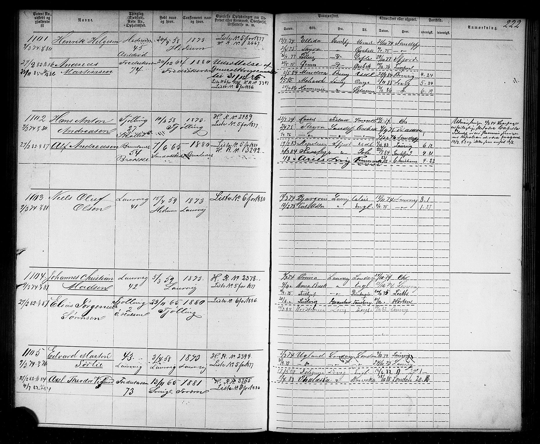 Larvik innrulleringskontor, AV/SAKO-A-787/F/Fb/L0004: Annotasjonsrulle, 1870-1882, p. 223