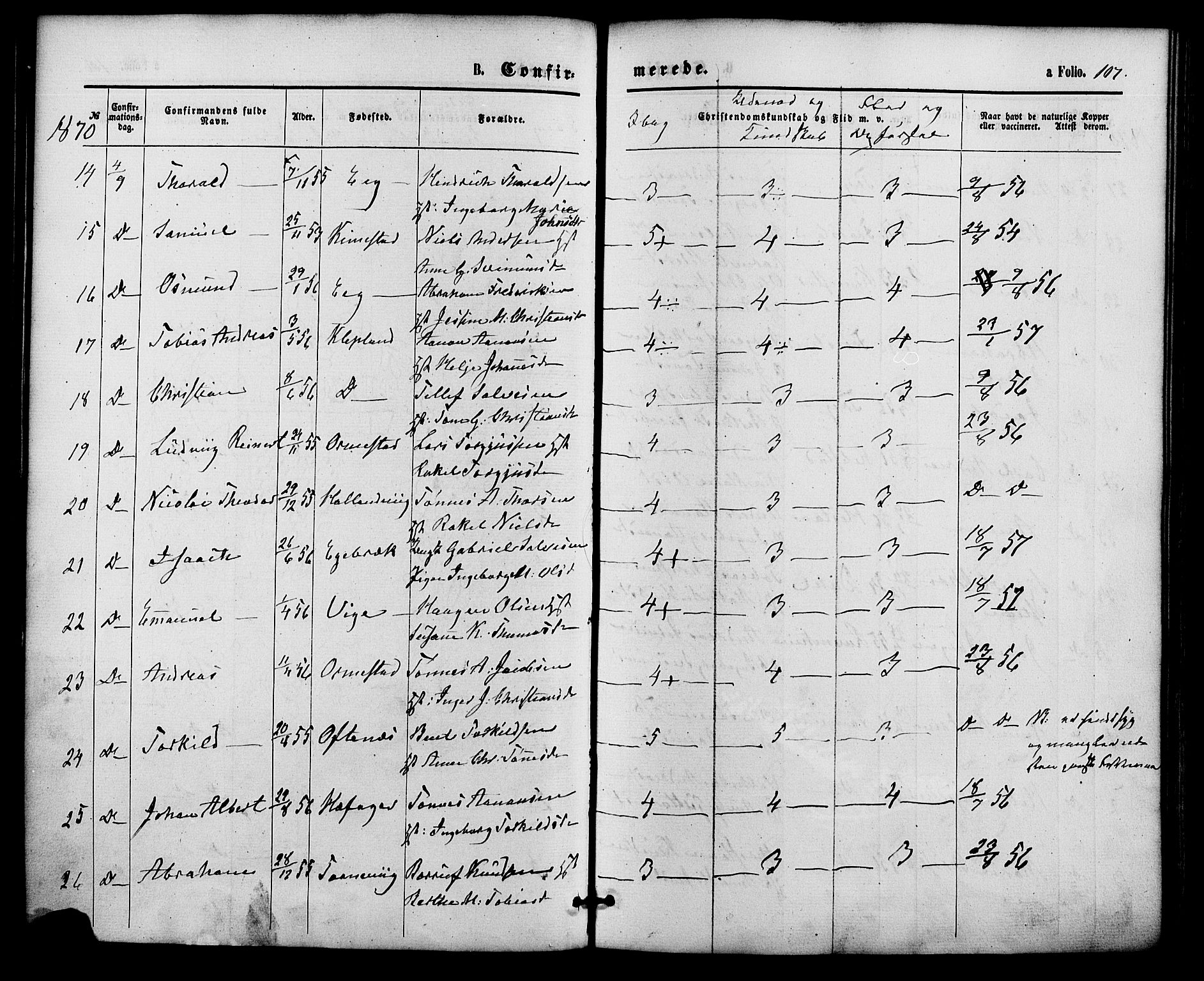 Søgne sokneprestkontor, AV/SAK-1111-0037/F/Fa/Fab/L0011: Parish register (official) no. A 11, 1869-1879, p. 107