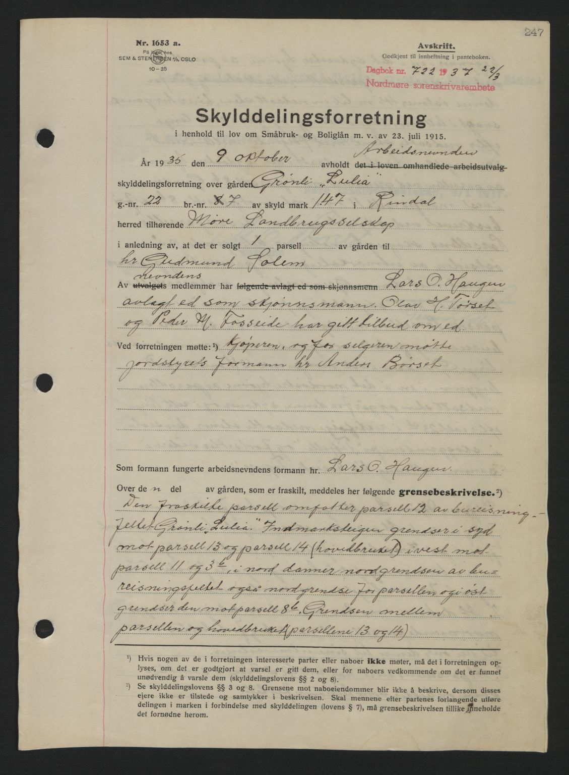 Nordmøre sorenskriveri, AV/SAT-A-4132/1/2/2Ca: Mortgage book no. A81, 1937-1937, Diary no: : 722/1937